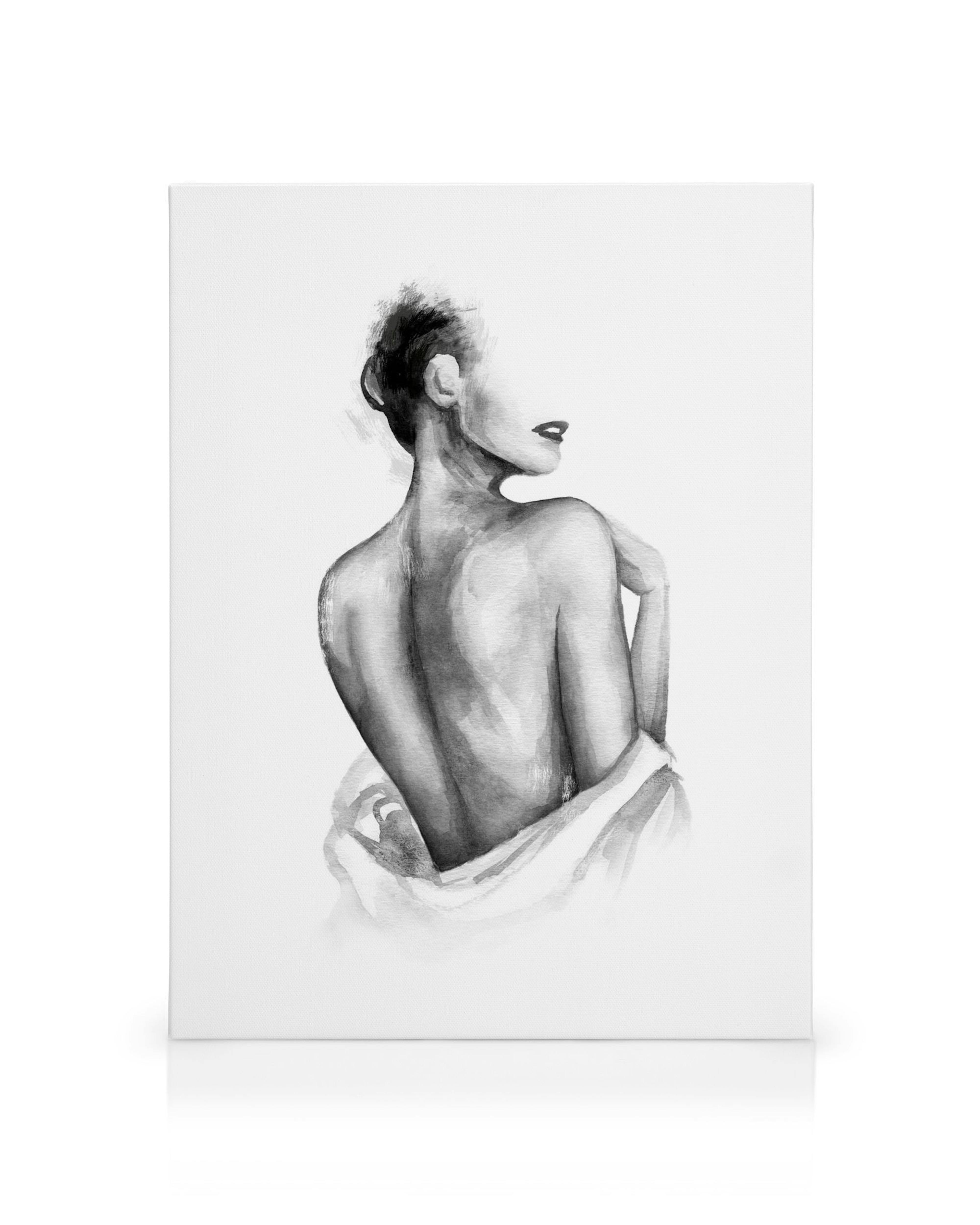 Aquarellbild einer Frau, die über ihre rechte Schulter blickt, ihr Rücken ist teilweise entblößt, in Grautönen auf Leinwand.