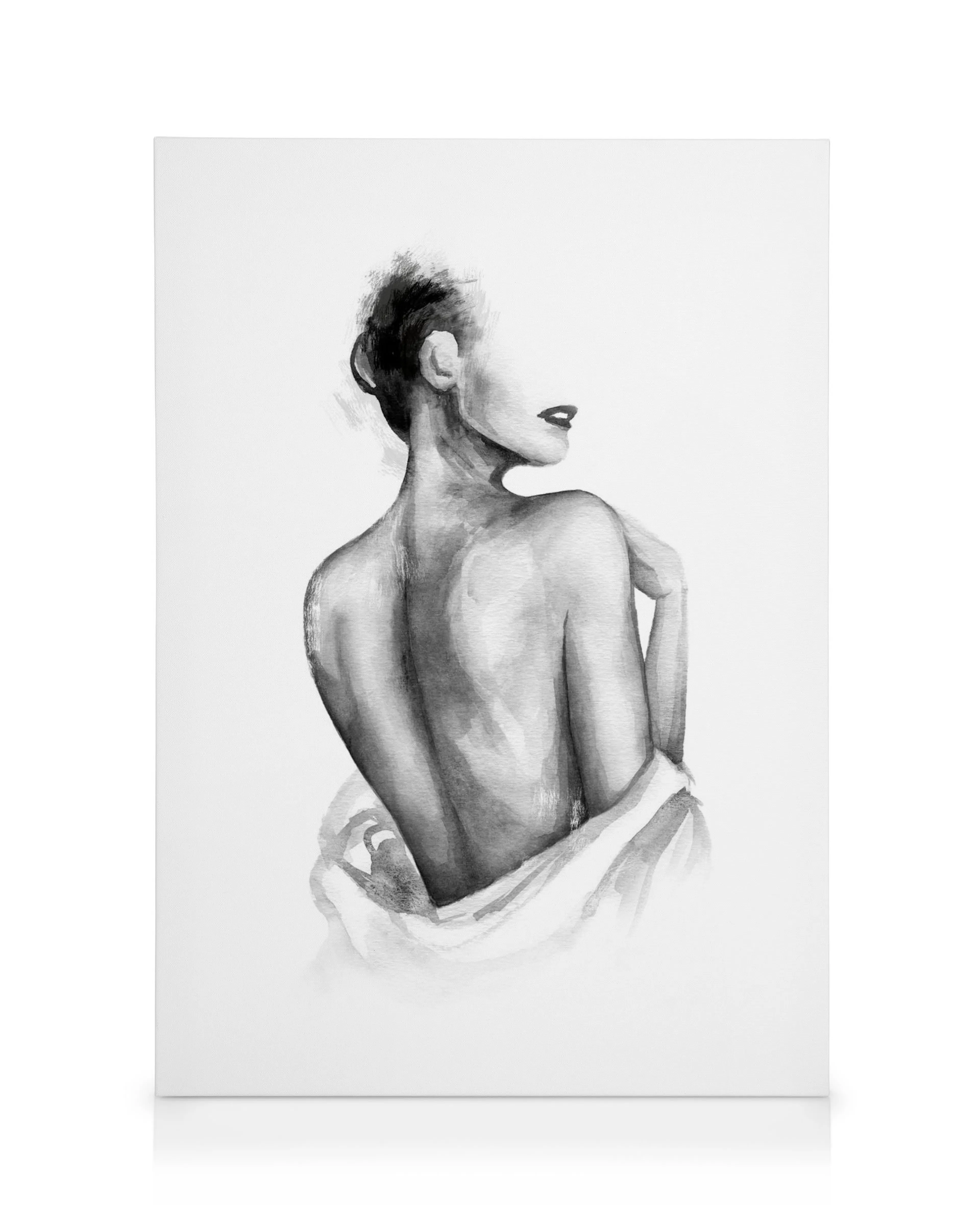 Monochromatic watercolor canvas print of a womans back and shoulder, partially covered by white cloth, facing away