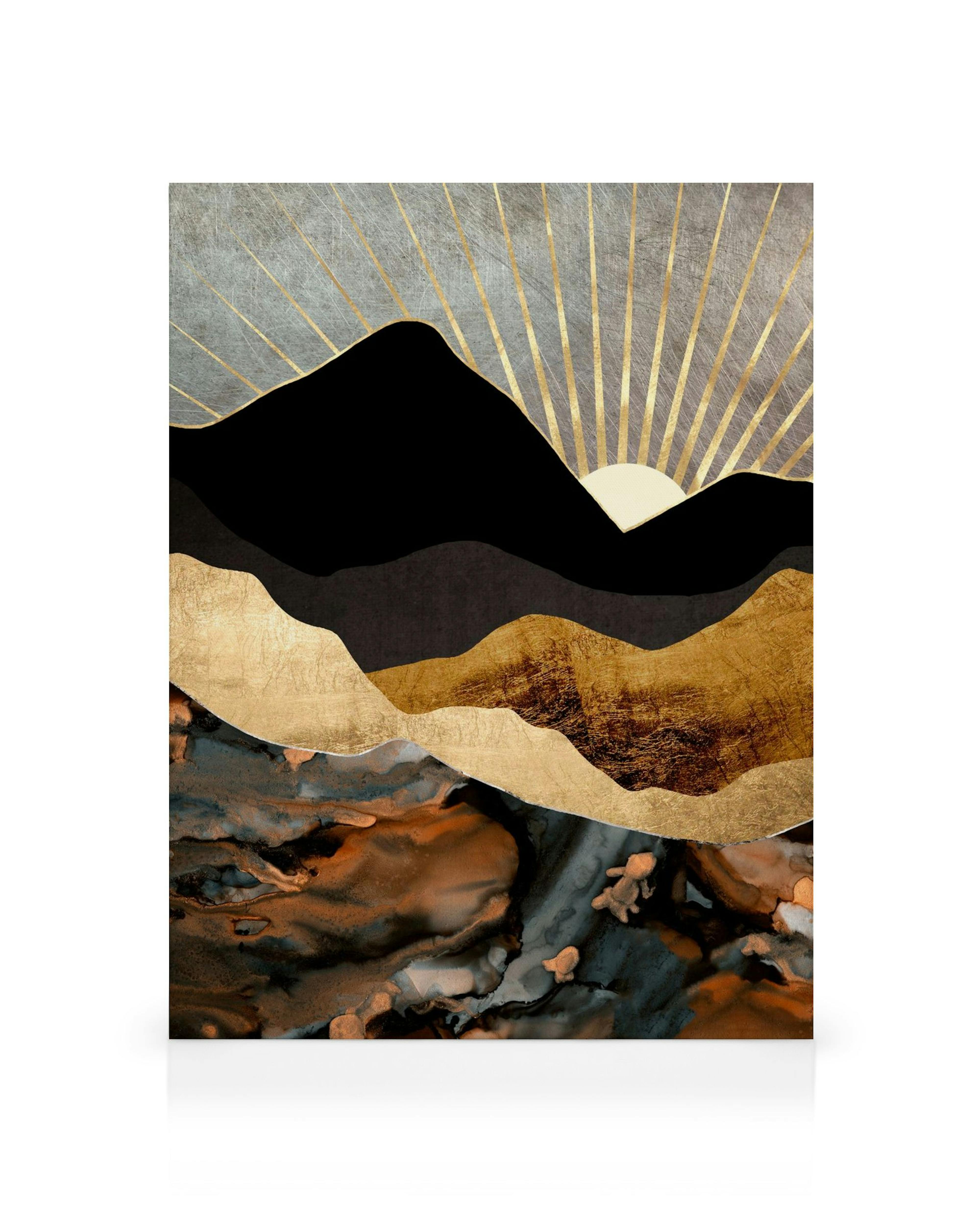 Toile abstraite de montagnes et soleil levant aux teintes or, cuivre, noir et bleu, style contemporain pour décoration murale.