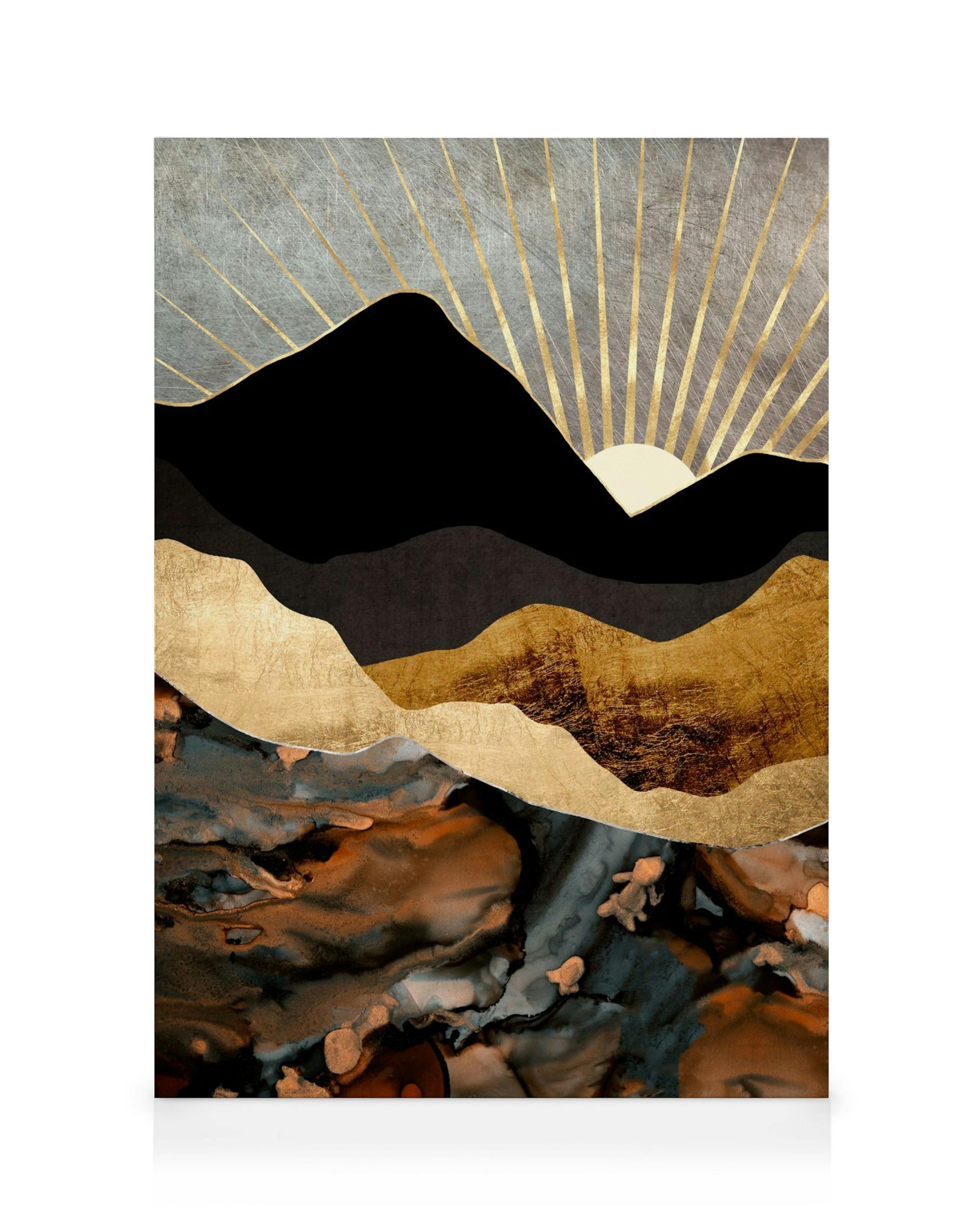 Abstract copper and gold mountain landscape with a rising sun and textured, fluid foreground elements.