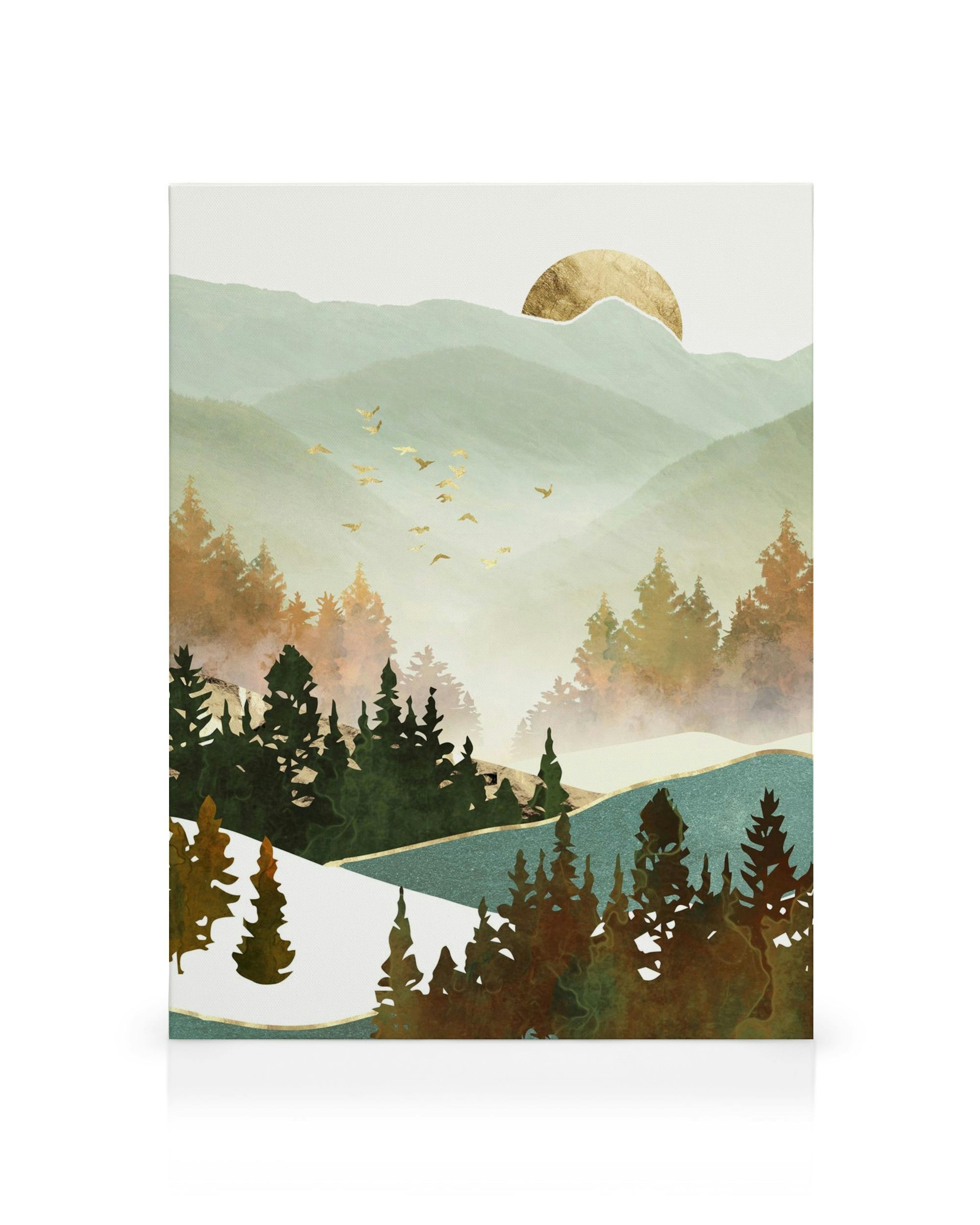 Tela de colinas verdes e azuis, sol dourado e pássaros voando. Arte de parede serena com paisagem de outono.