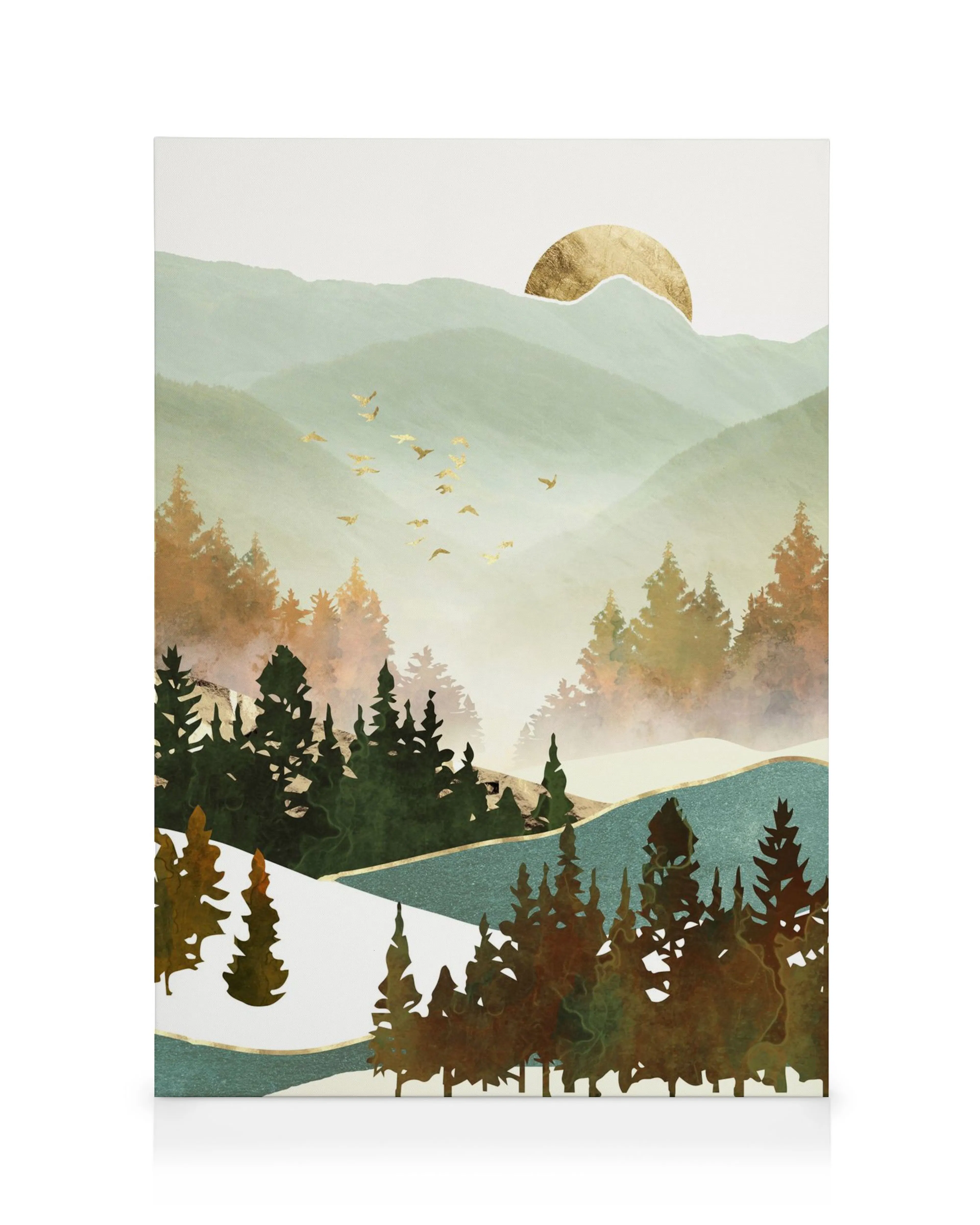 Tela de colinas verdes e azuis, sol dourado e pássaros voando. Arte de parede serena com paisagem de outono.