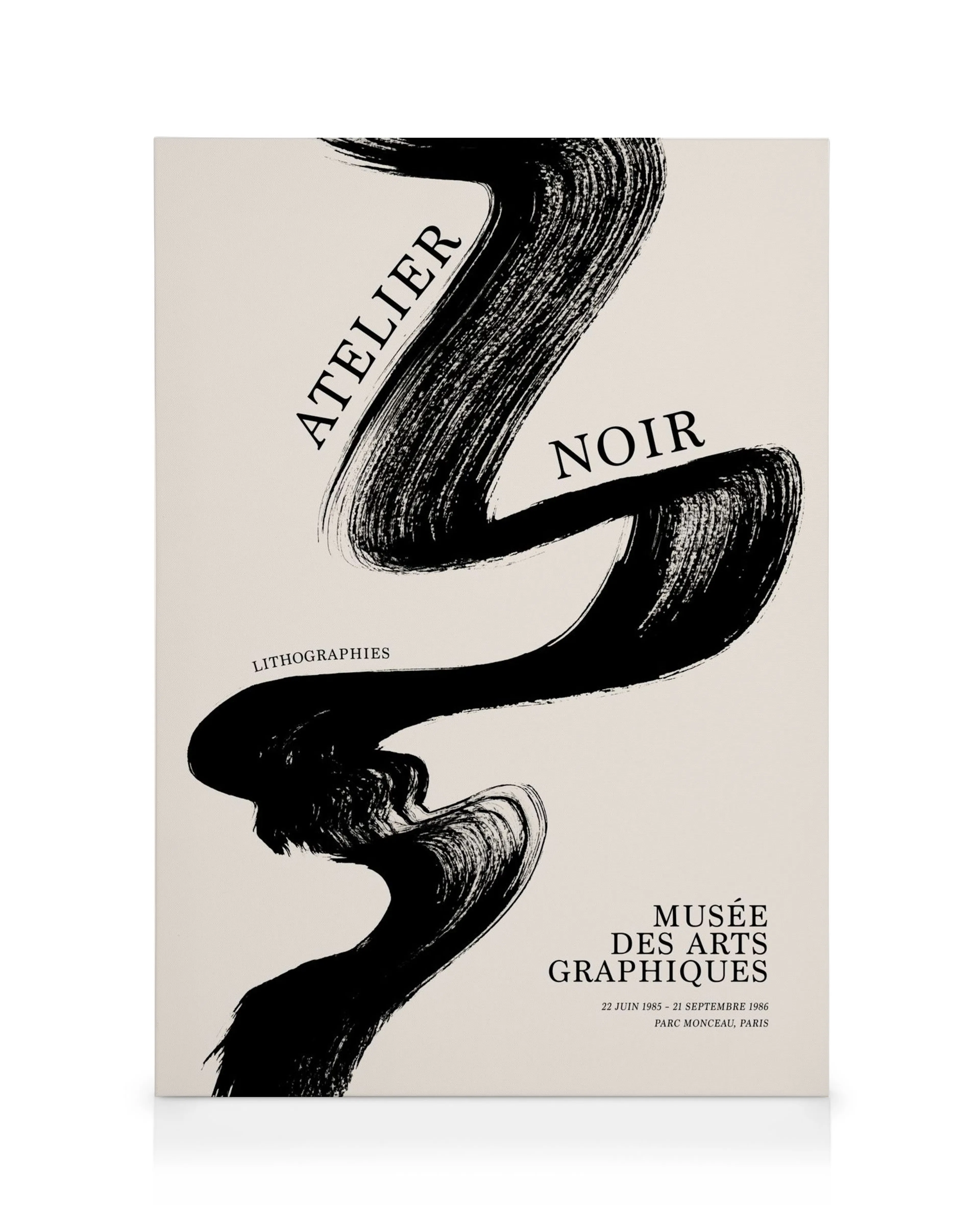 Leinwandbild mit schwarzem, expressivem Pinselstrich und Text ATELIER NOIR, Musee des Arts Graphiques Plakat.