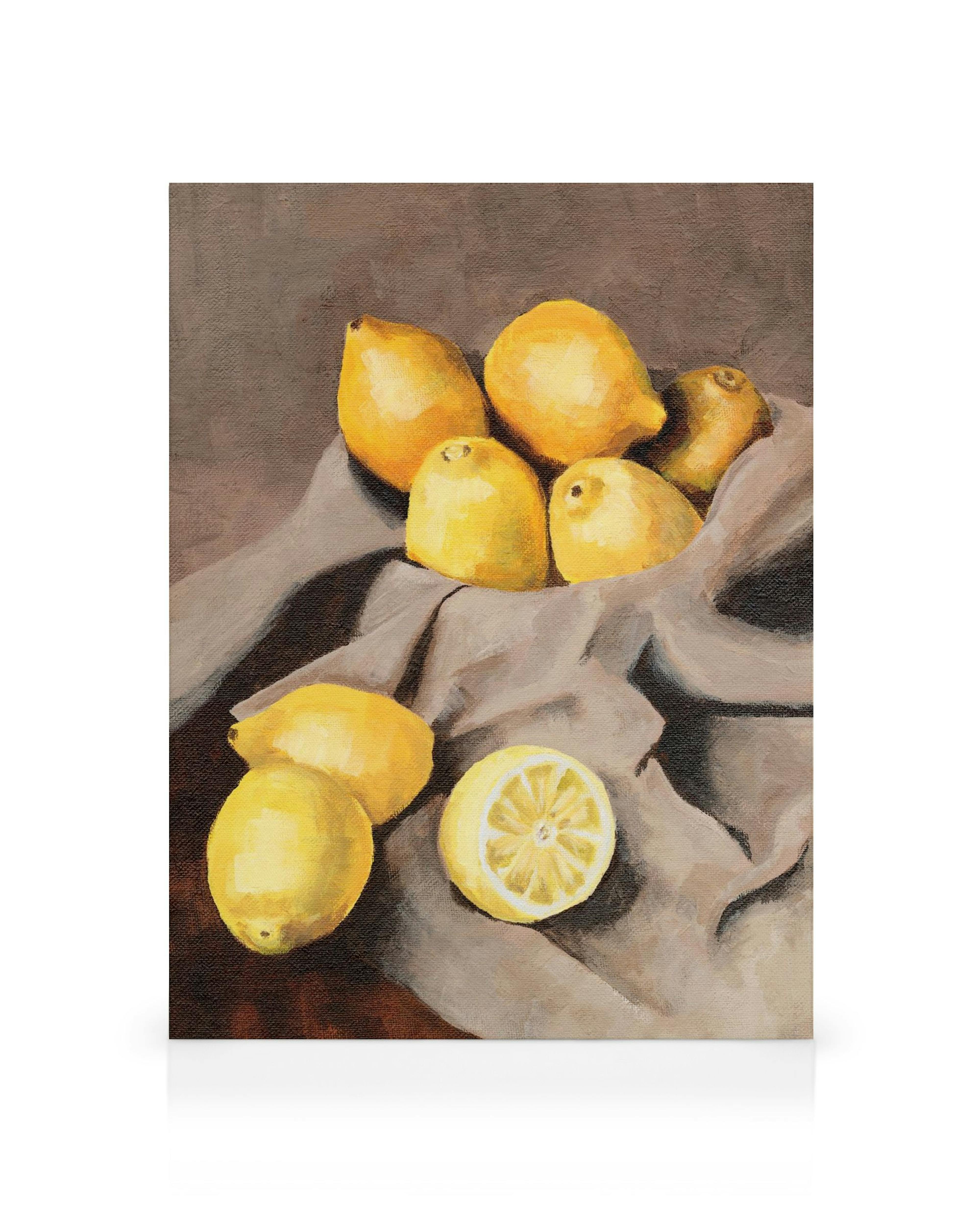 Stilleben-Leinwandbild mit sechs ganzen Zitronen und einer halbierten Zitrone auf einem braunen Tuch.