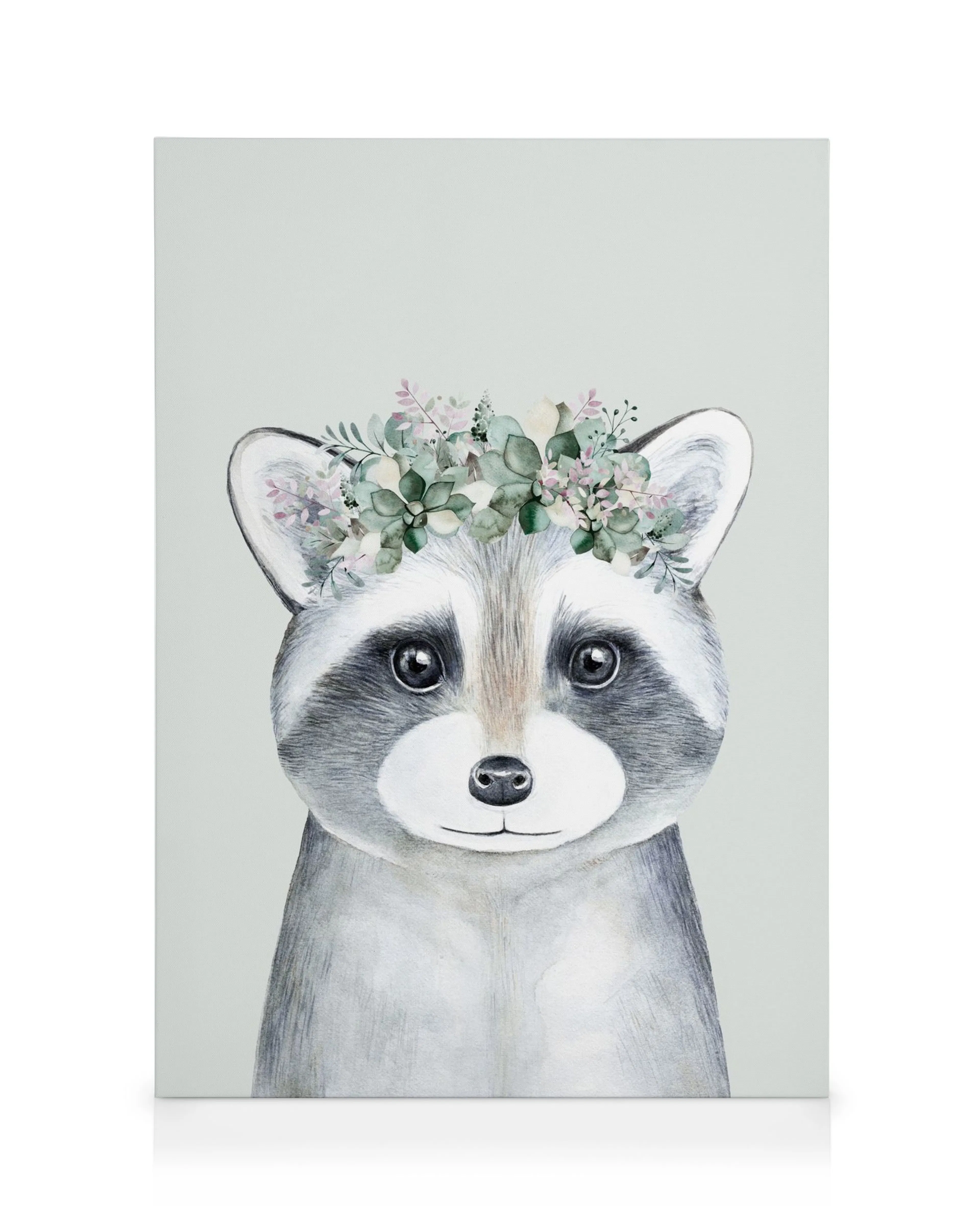 Watercolor raccoon canvas print with green and pink floral crown, neutral background.