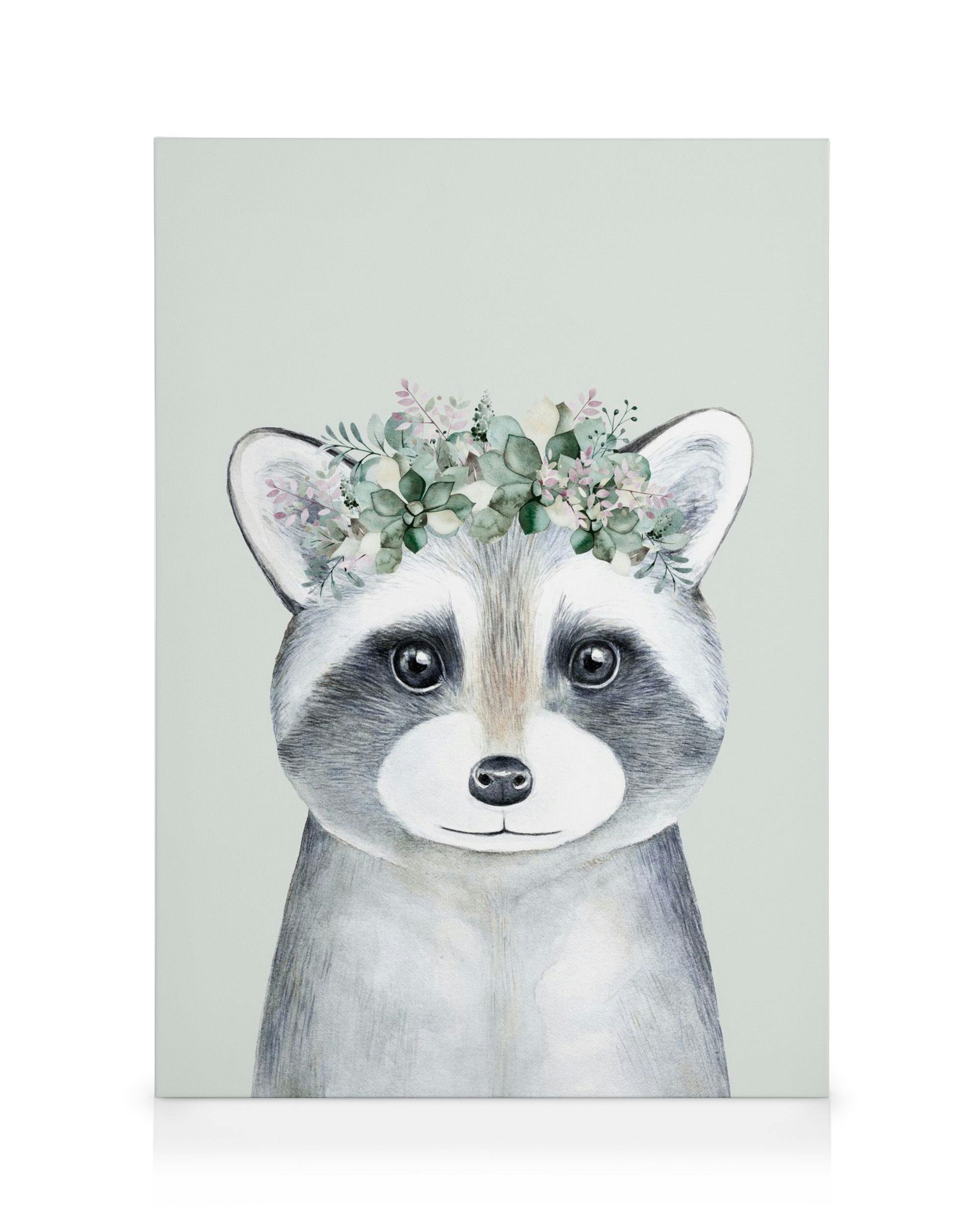 Flower Raccoon Lerret (30x40 cm - Svart Ramme)