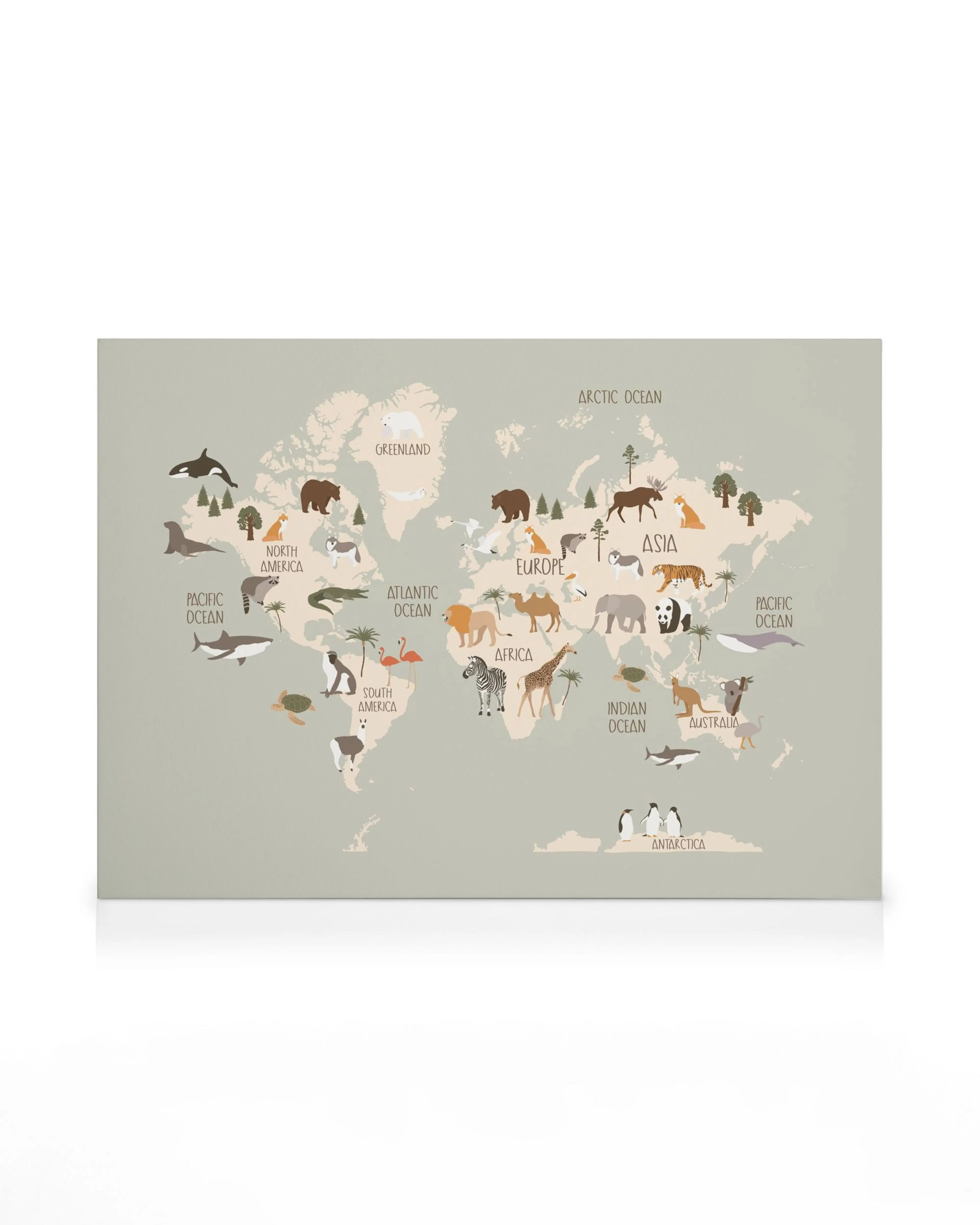 Canvas met wereldkaart, kleurrijke dieren per continent, educatief voor kinderkamer decoratie.