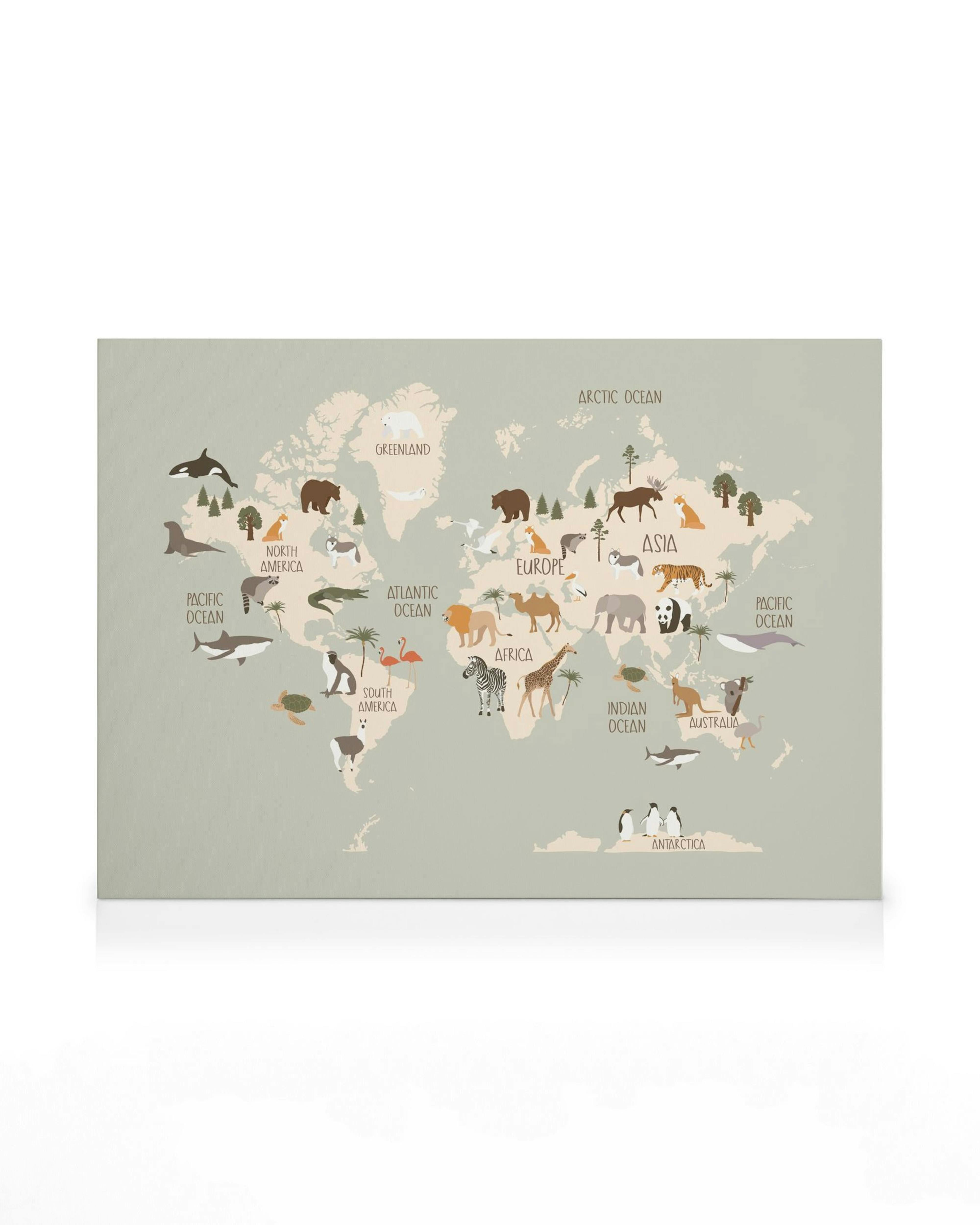 Mappa del mondo semplificata con animali colorati che rappresentano ogni continente, perfetta per la cameretta.