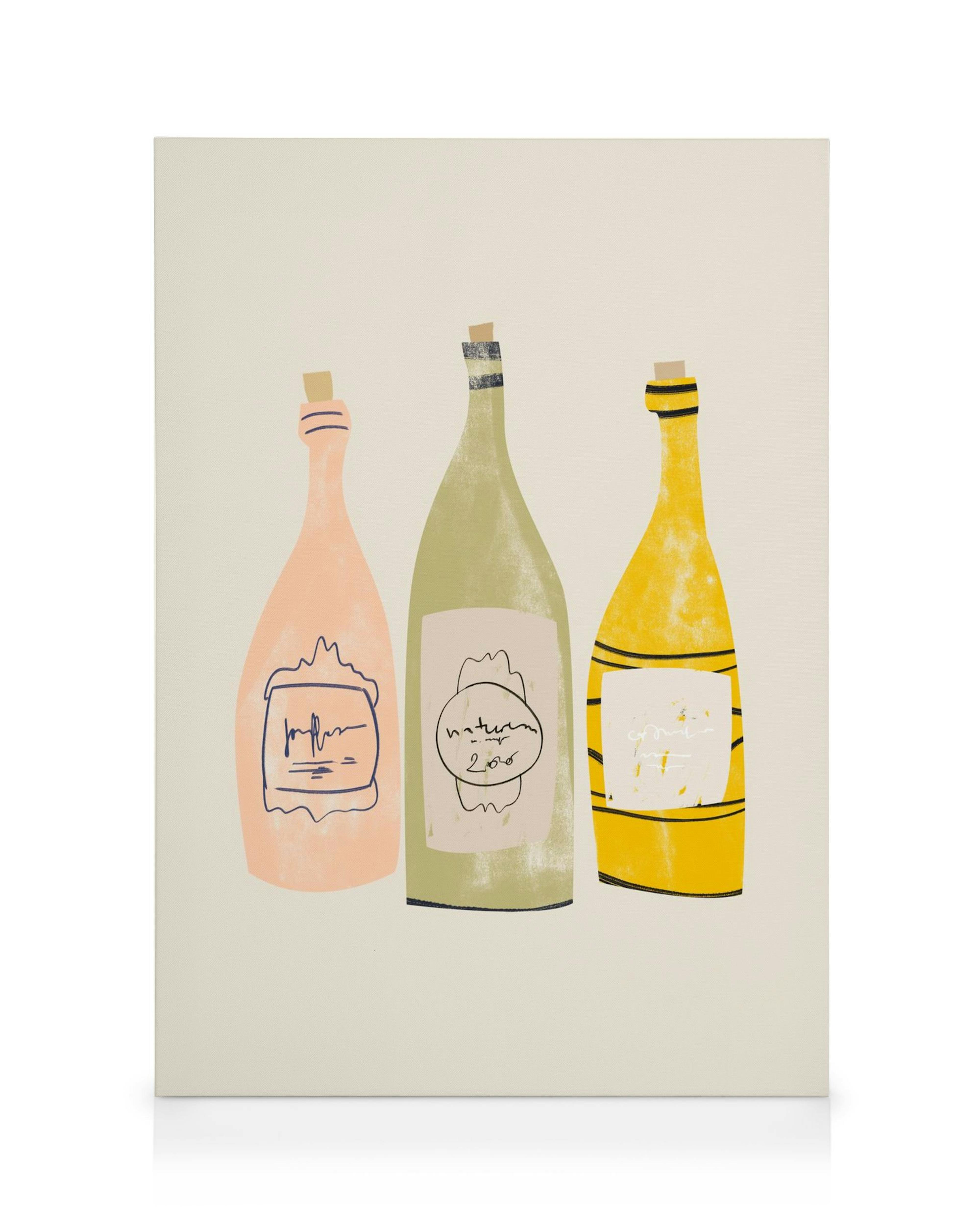 Lienzo abstracto con tres botellas de vino estilizadas en tonos rosa, verde y amarillo sobre fondo crema.