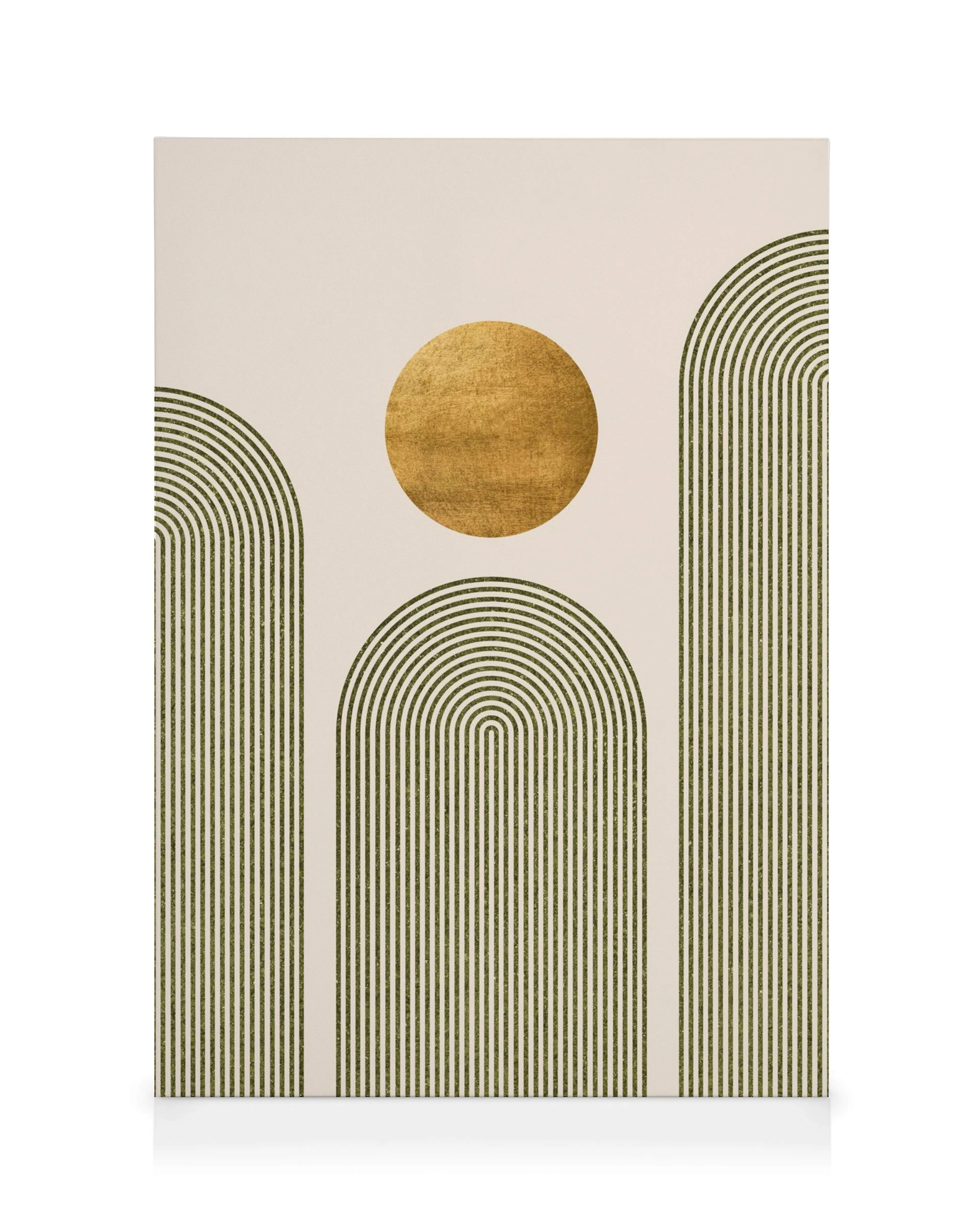 Toile abstraite avec trois arches vertes et un cercle doré sur fond beige clair, typographie moderne