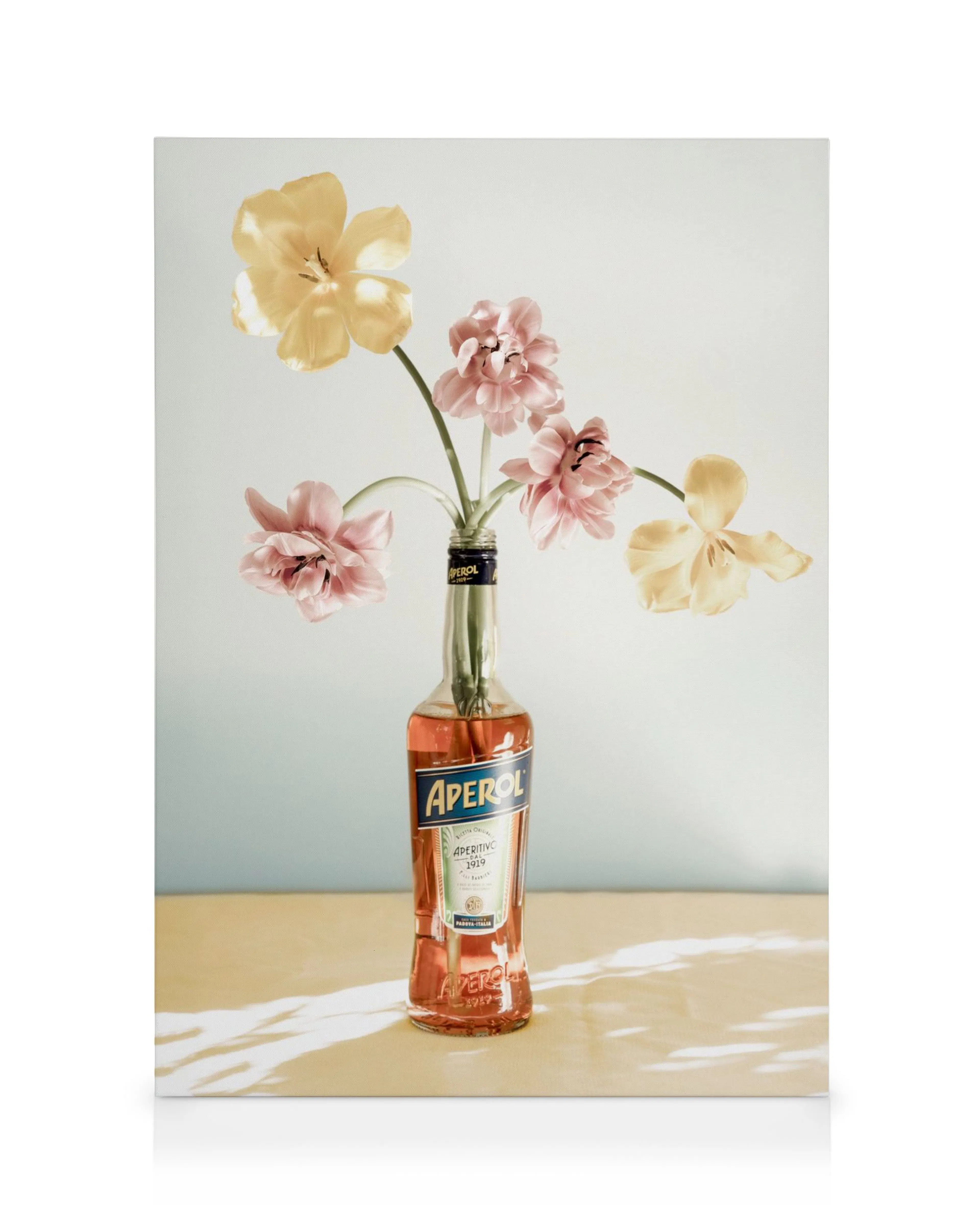 Helder Aperol fles met oranje vloeistof en diverse bloemen, met bladvormige schaduwen op canvas.