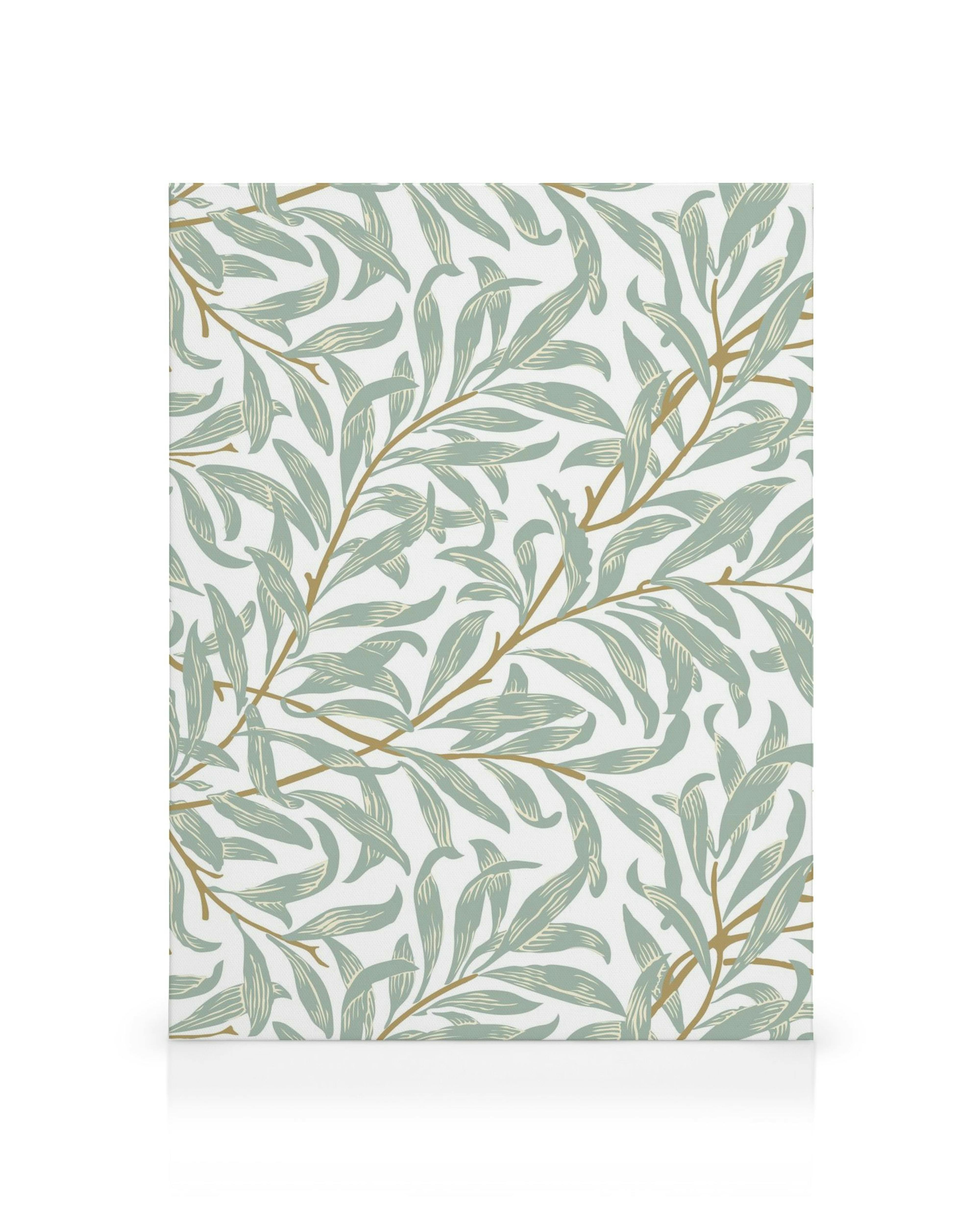William Morris Leinwandbild mit Willow Bough Muster, grüne Blätter und beigefarbene Zweige auf hellem Hintergrund.