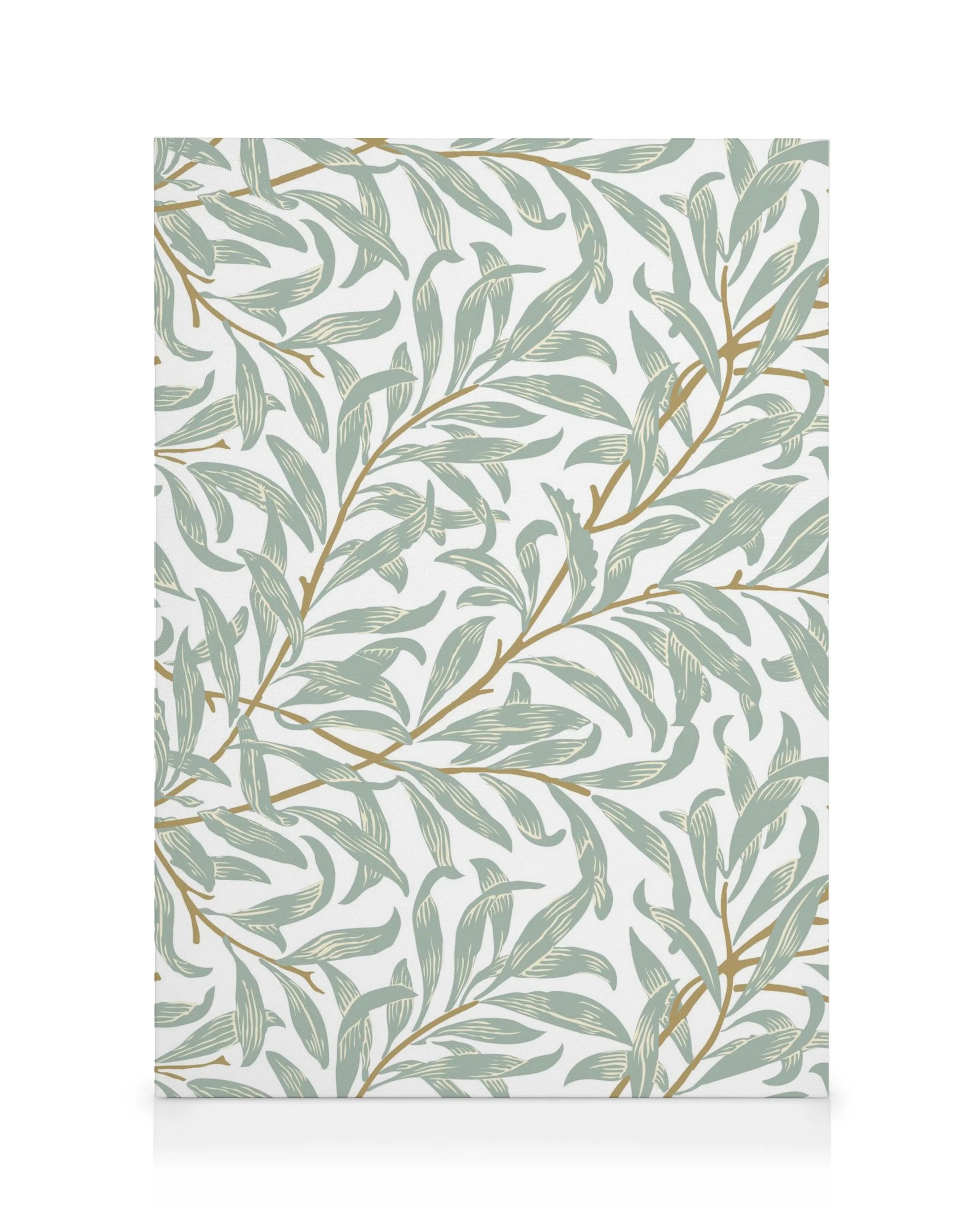 William Morris Willow Bough canvas print with botanical pattern of green leaves on brown branches against a white background.