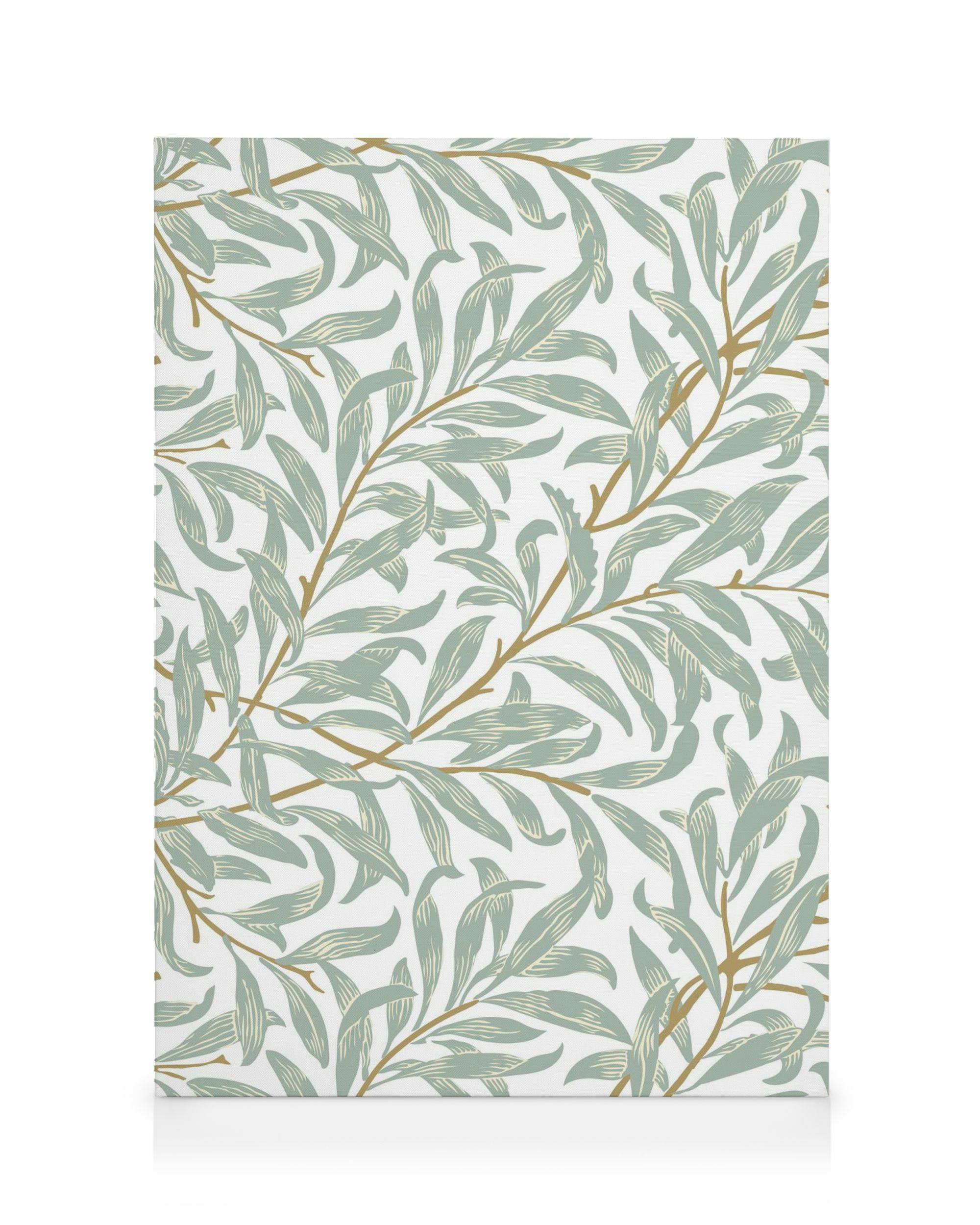 William Morris Willow Bough canvas met groene bladeren en bruine takken op witte achtergrond, botanische kunst.