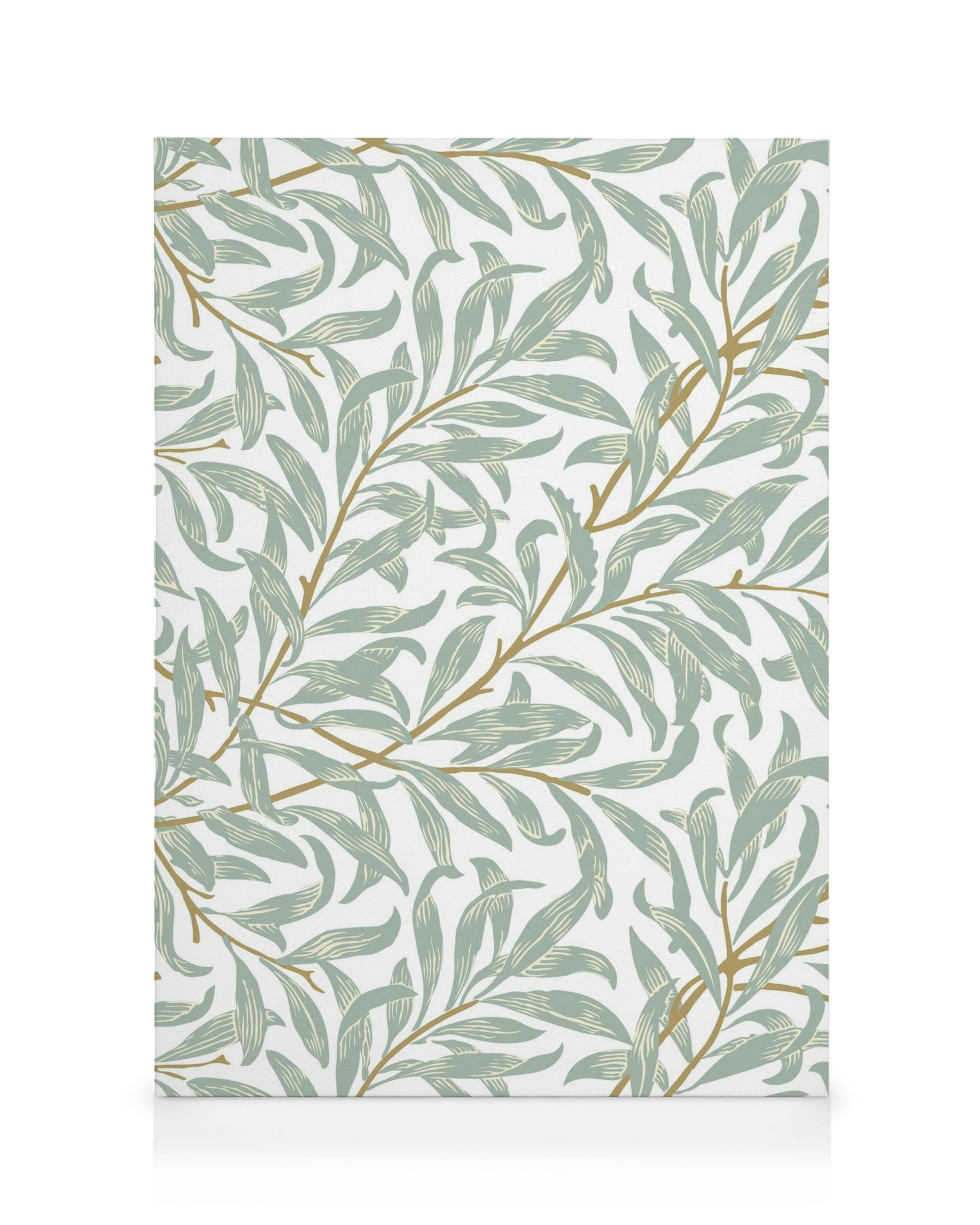 William Morris Willow Bough canvas met groene bladeren en bruine takken op witte achtergrond, botanische kunst.