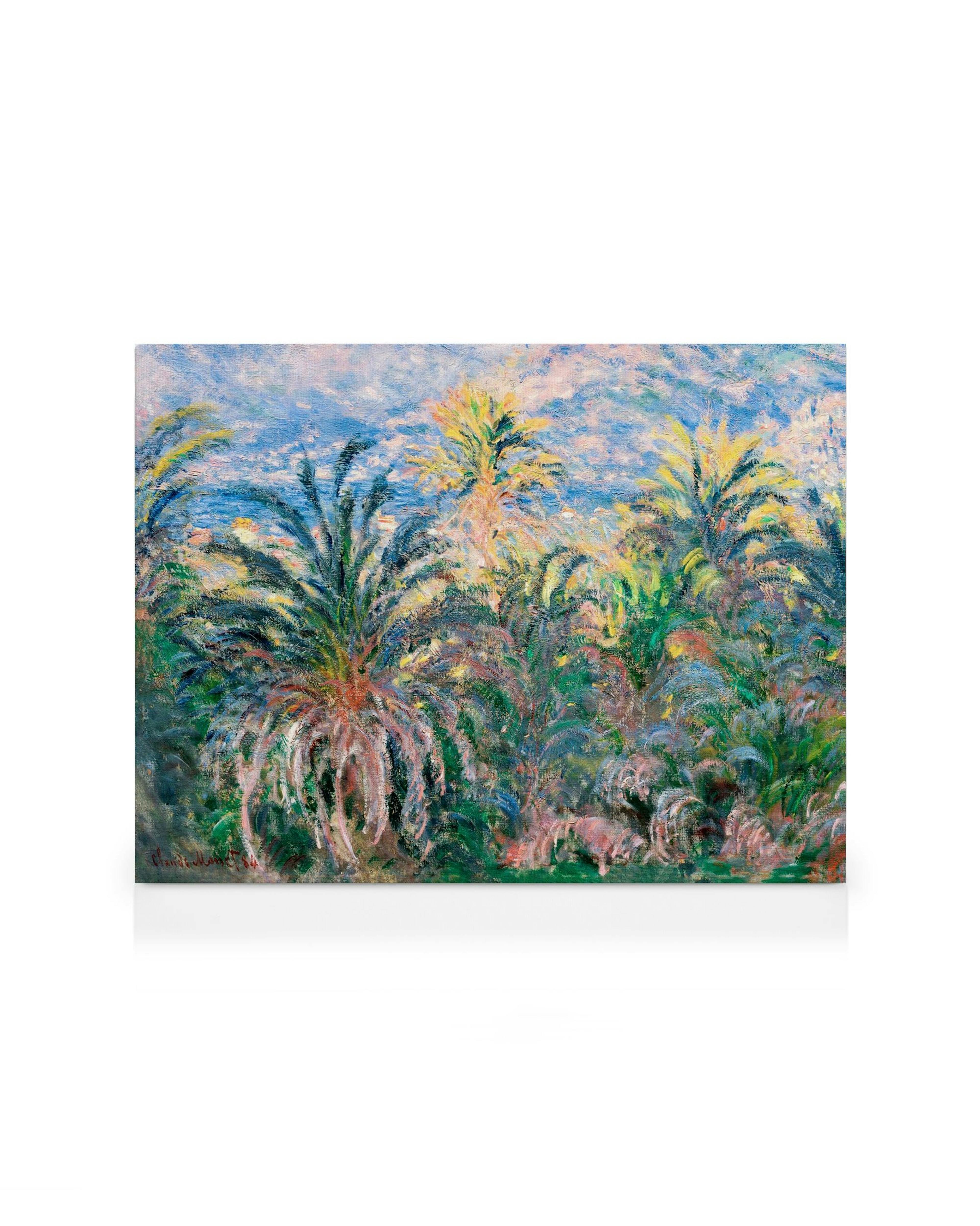 Impressionistisk landskapskonst med palmer och tropiska växter under en molnig himmel, livfulla färger och snabba penseldrag.