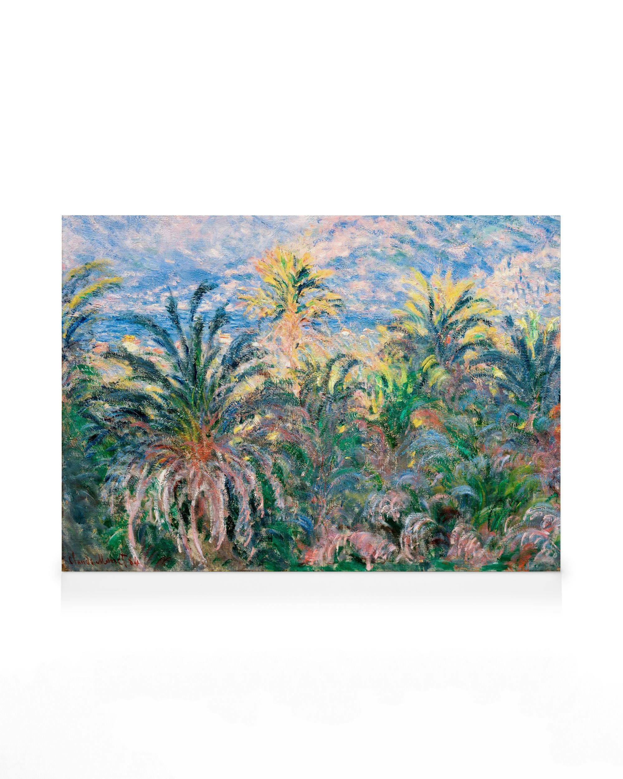 Monet palmboom schilderij, impressionistische kunst met levendige penseelstreken in blauw, groen en roze
