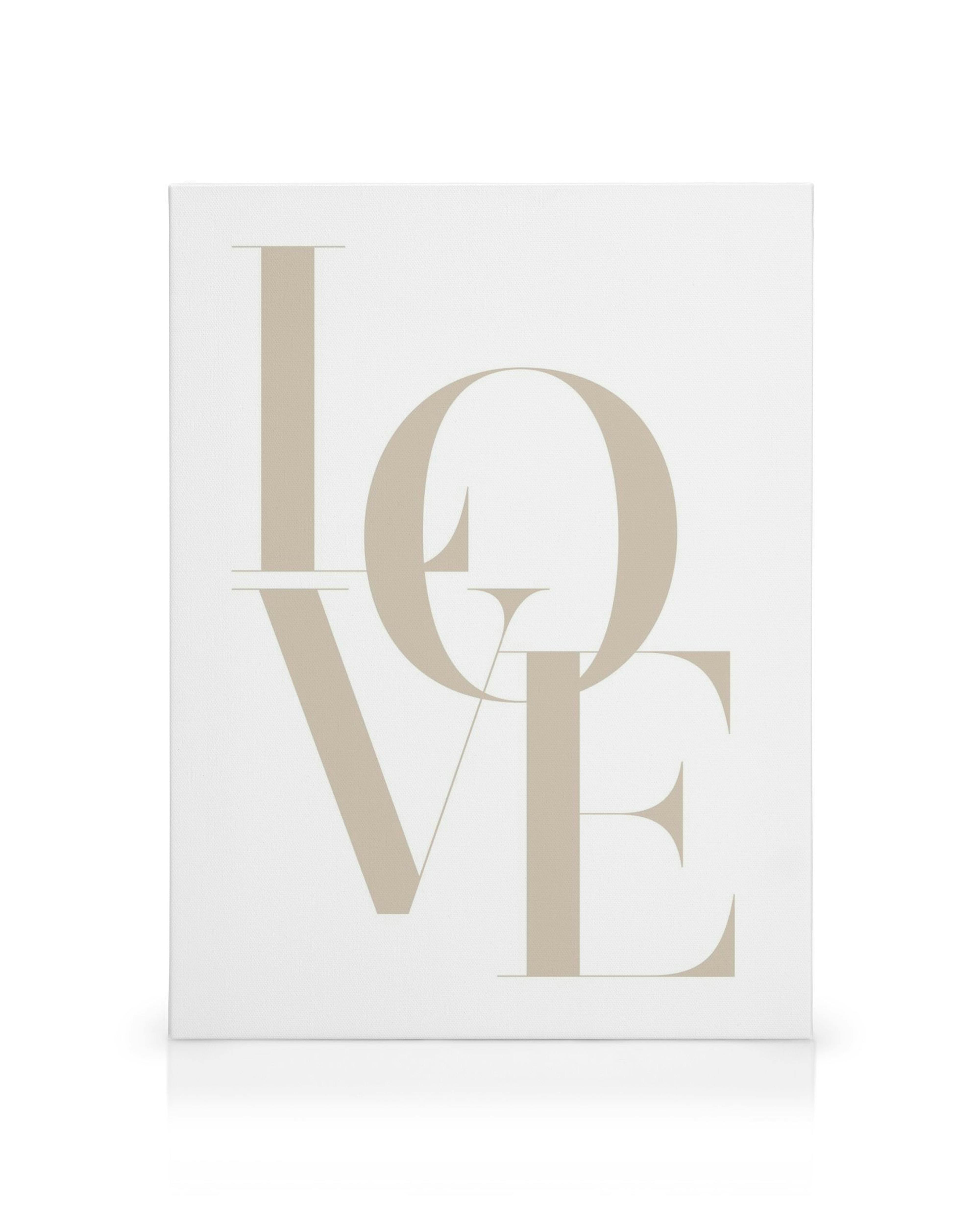 Toile avec le mot Love en typographie beige sur fond blanc