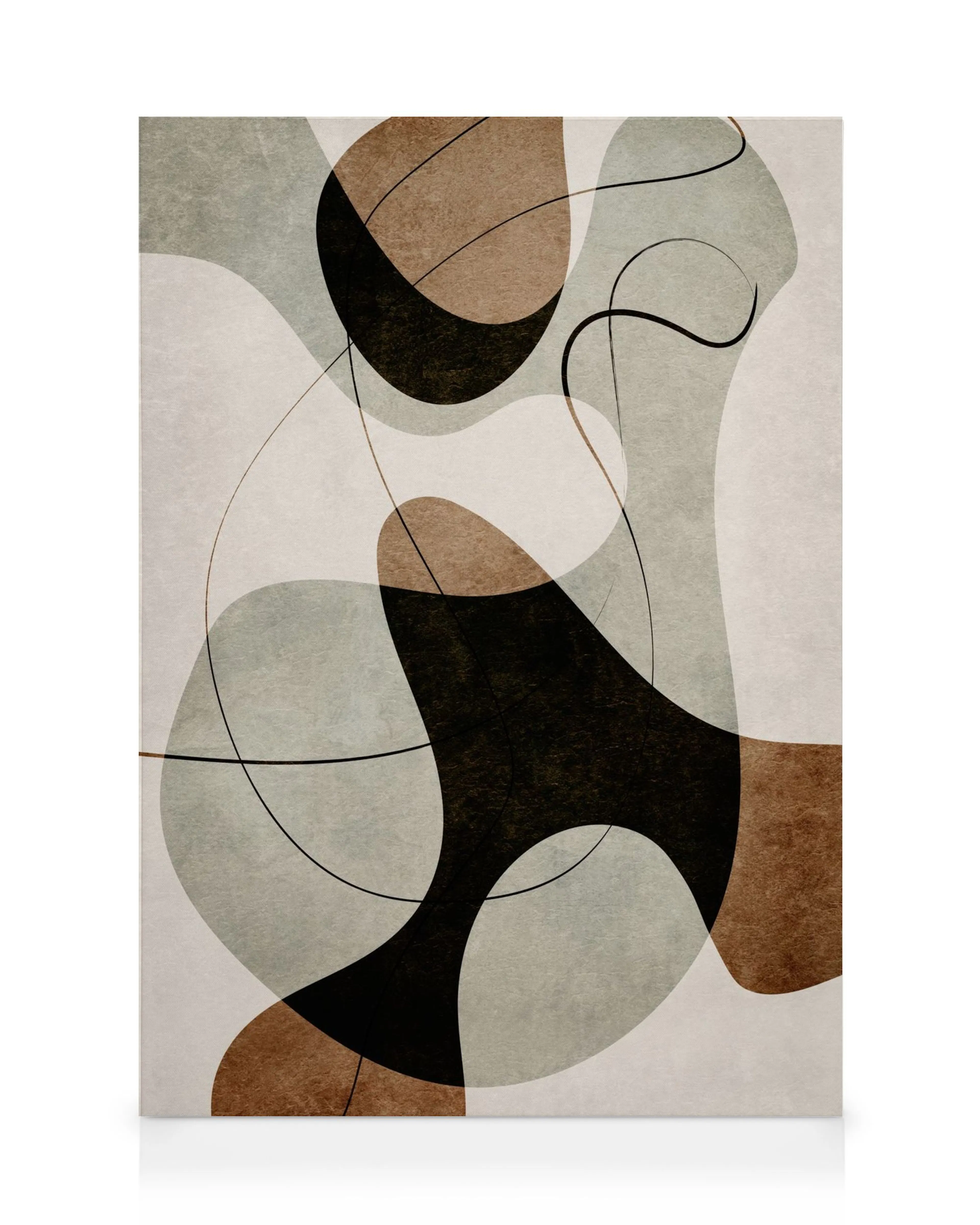 Vivid Shapes No1 canvas print, graphic illustration with abstract shapes and lines in brown, black, and grey on a beige backgrou