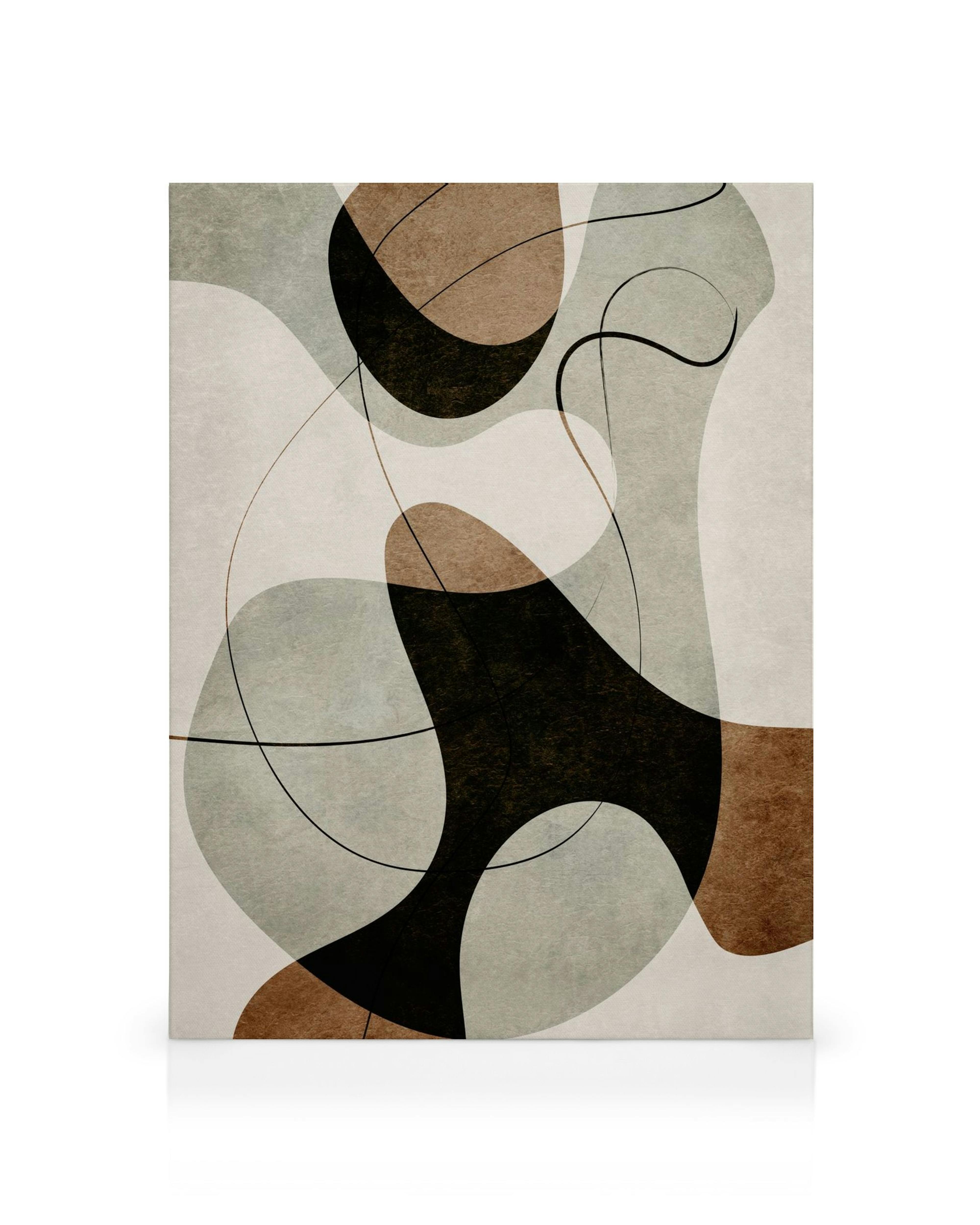 Obraz na plátne Vivid Shapes No1: Abstraktné hnedé a sivé útvary s líniami na béžovom pozadí.