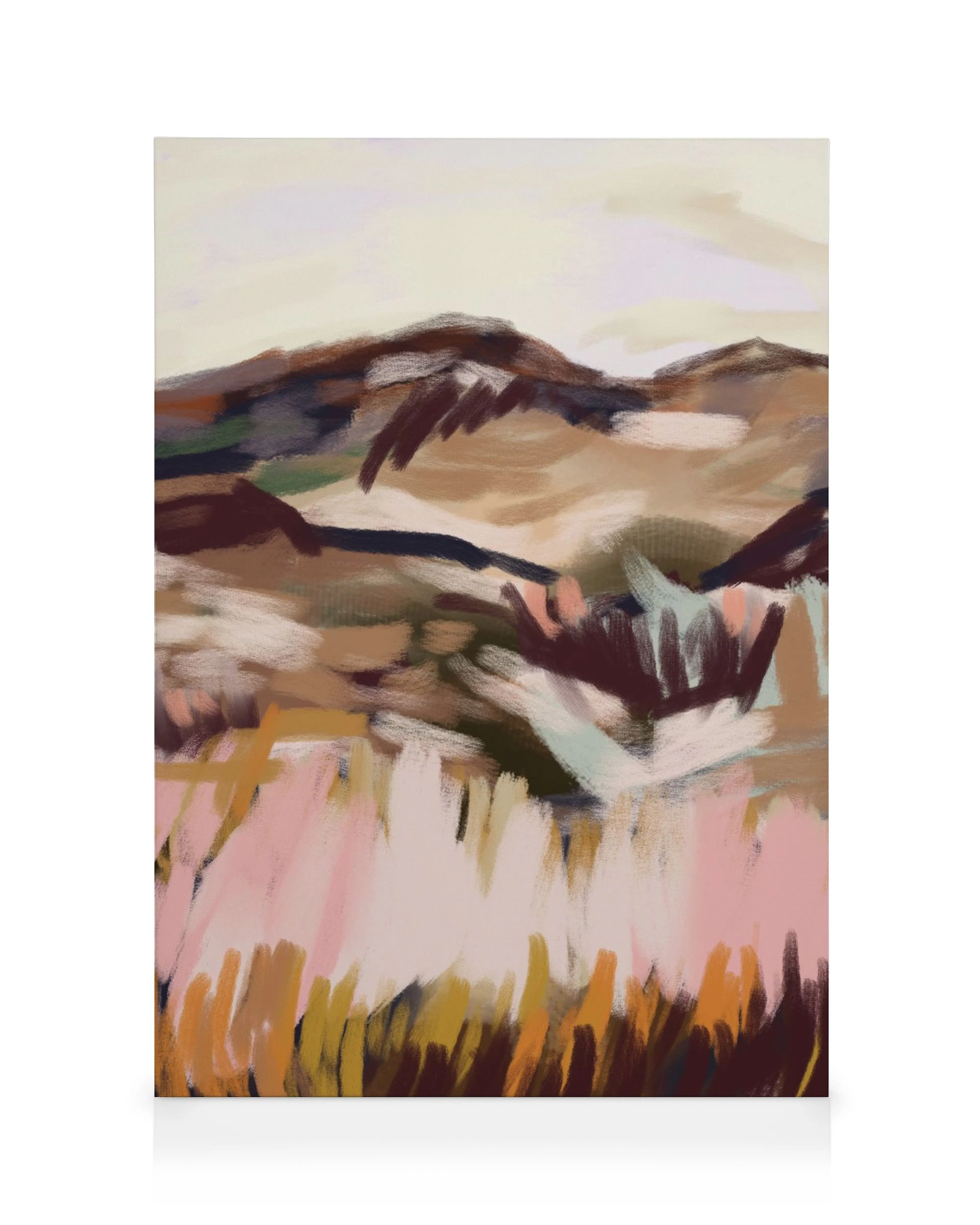 Abstract landschap canvas met bruine heuvels en roze velden, geschilderd in losse penseelstreken.