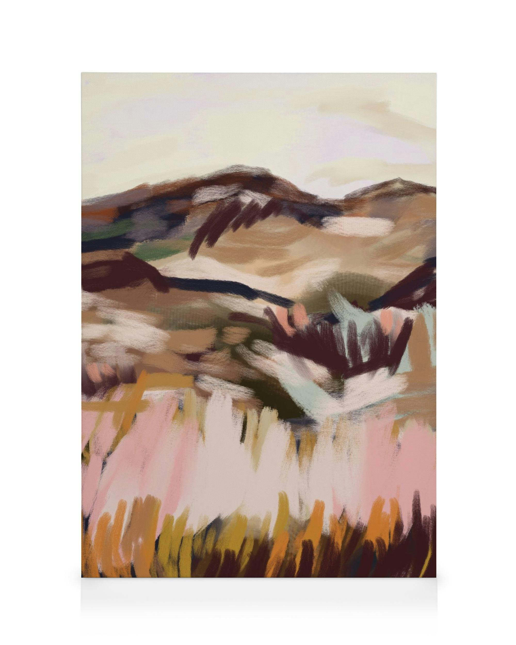 Abstract landscape painting on canvas with hills, rendered in muted brown, pink, and beige tones.