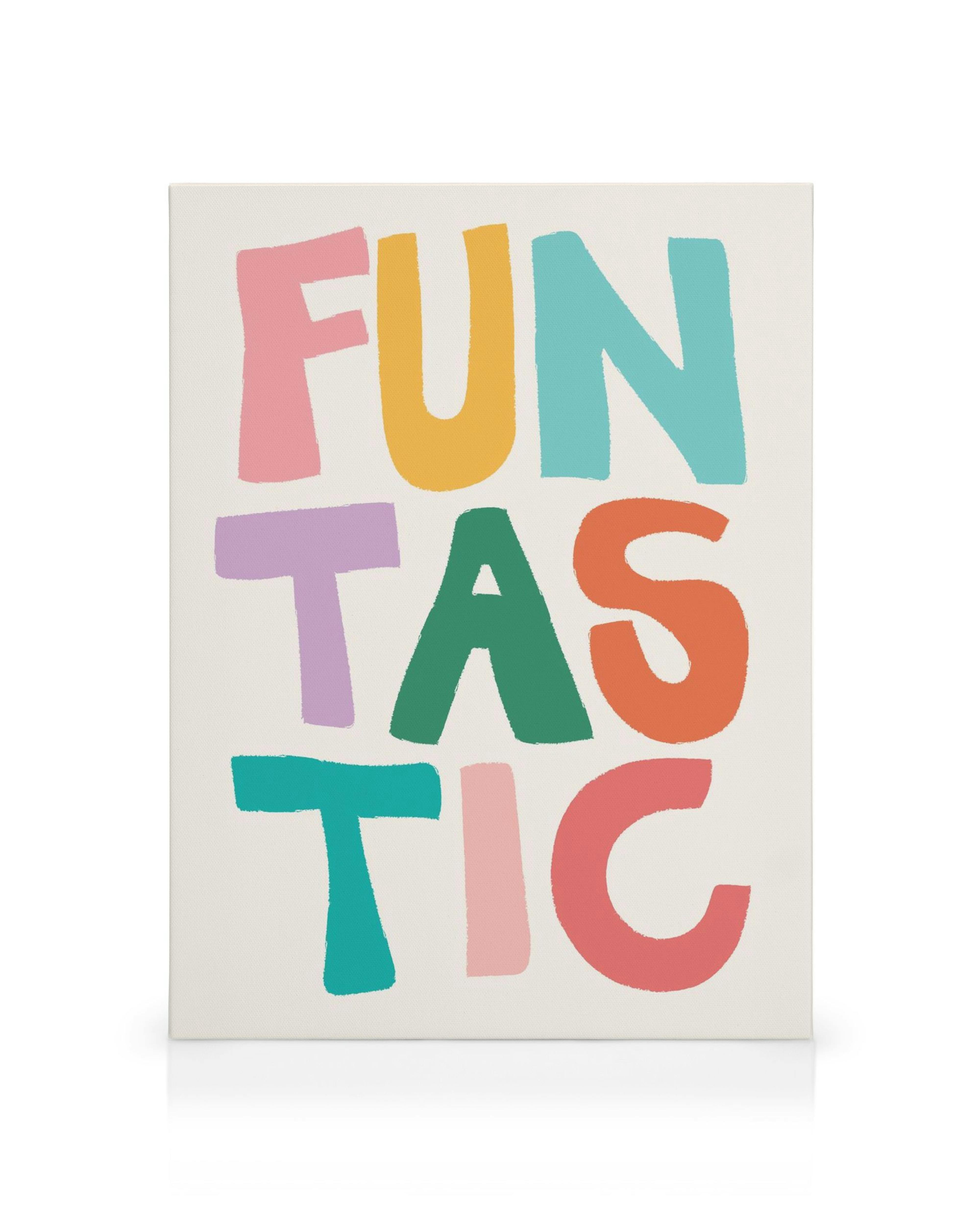 Tela Funtastic com letras grandes e coloridas em rosa, laranja, azul, roxo, verde e turquesa sobre fundo claro.