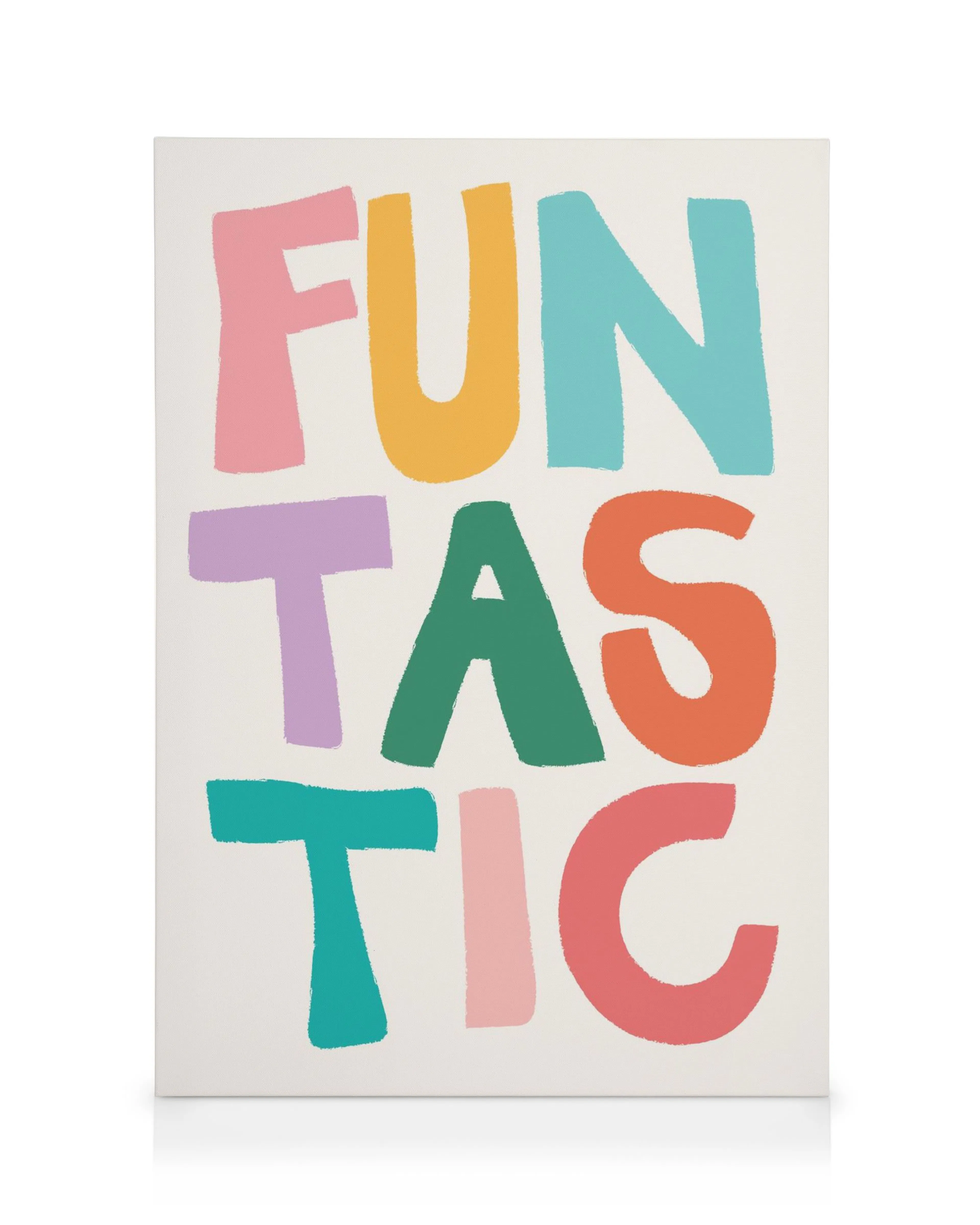 Tela Funtastic com letras grandes e coloridas em rosa, laranja, azul, roxo, verde e turquesa sobre fundo claro.