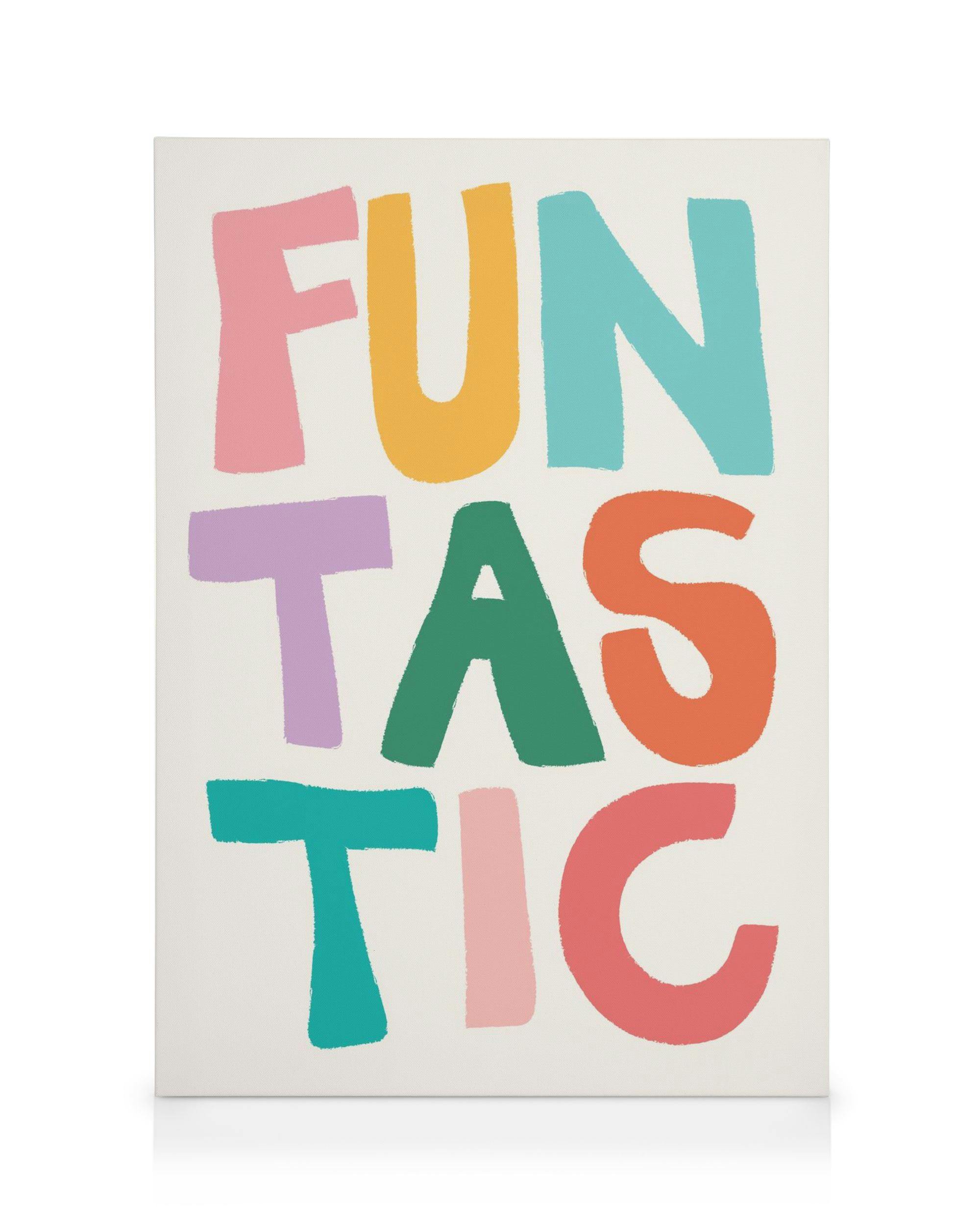 Toile avec le mot Funtastic en typographie colorée, idéal pour une chambre enfant arc-en-ciel