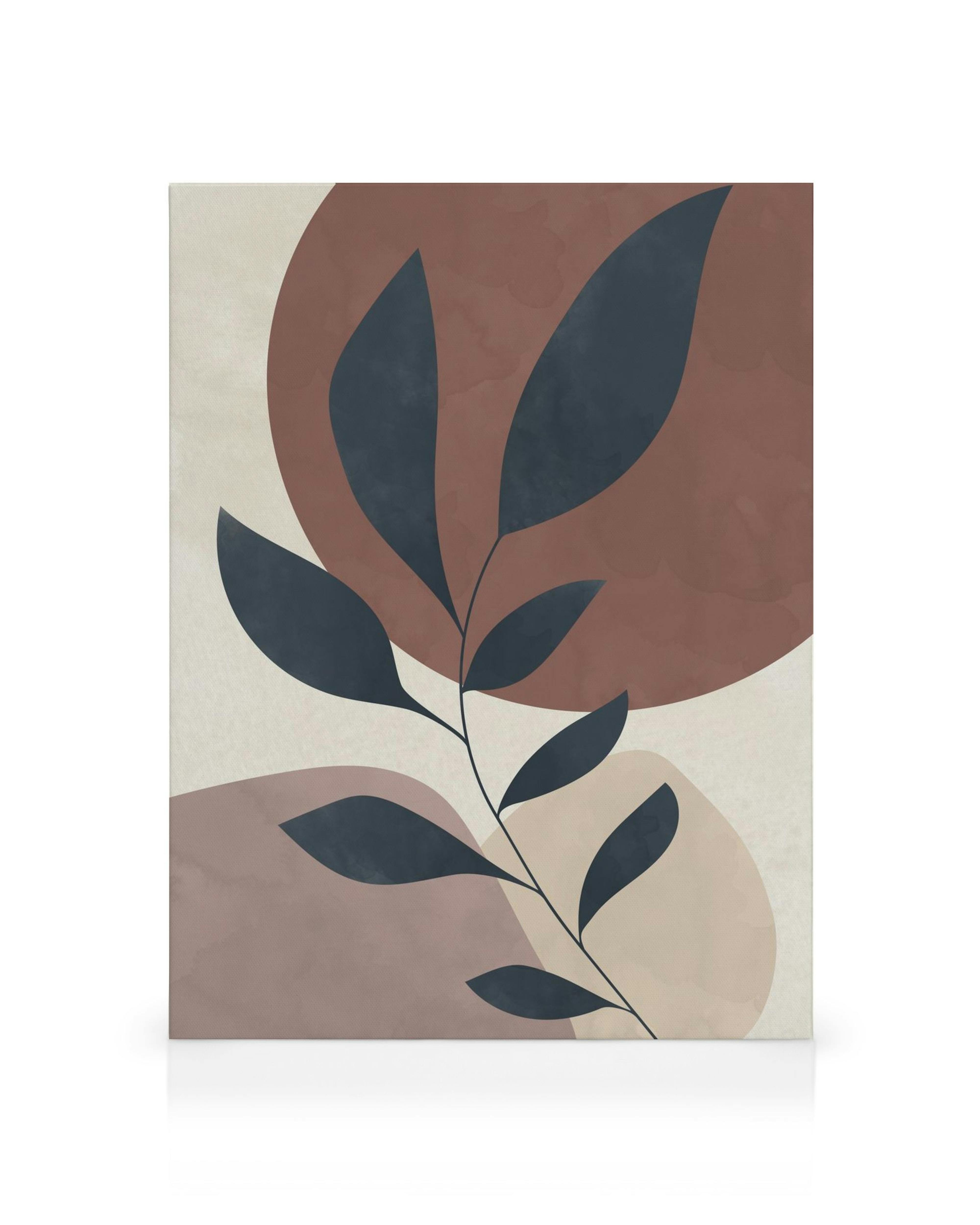 Graphic illustration of a dark grey branch with leaves, set against lilac and brown circles on a beige background.