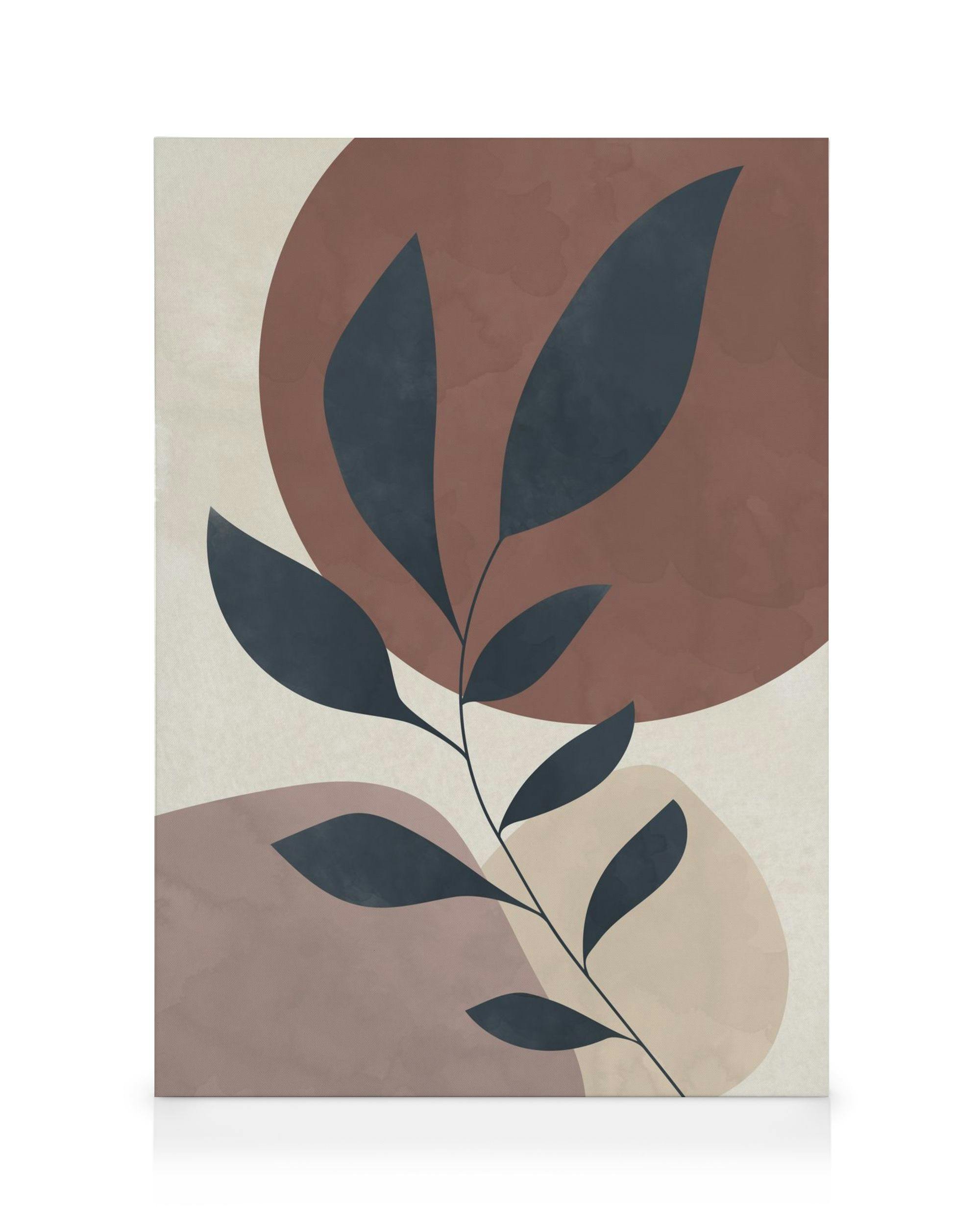 Graafinen siluetti tummanharmaasta oksasta ja lehdistä ruskean ja violetin ympyröiden edessä beigellä pohjalla.