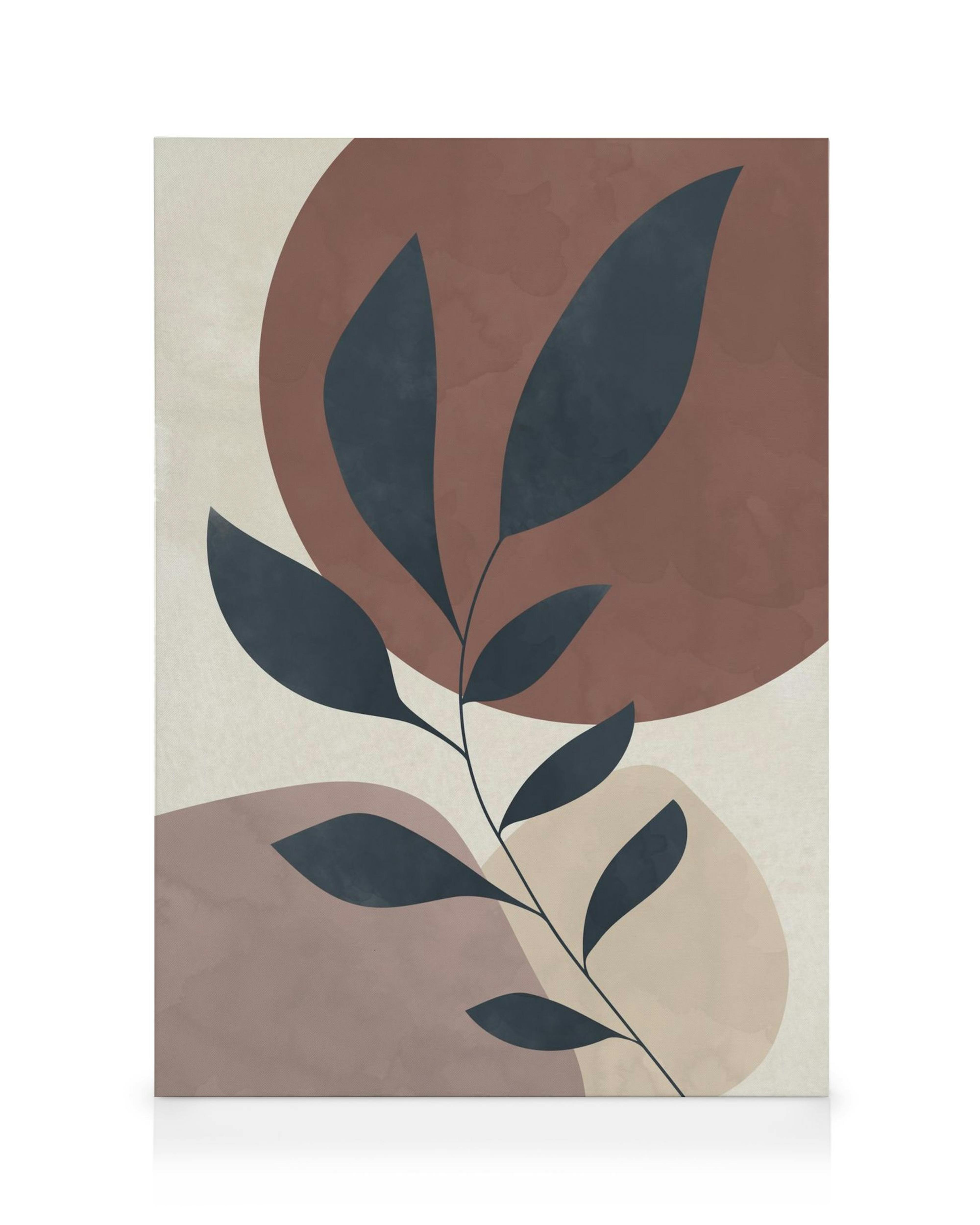 Graafinen siluetti tummanharmaasta oksasta ja lehdistä ruskean ja violetin ympyröiden edessä beigellä pohjalla.