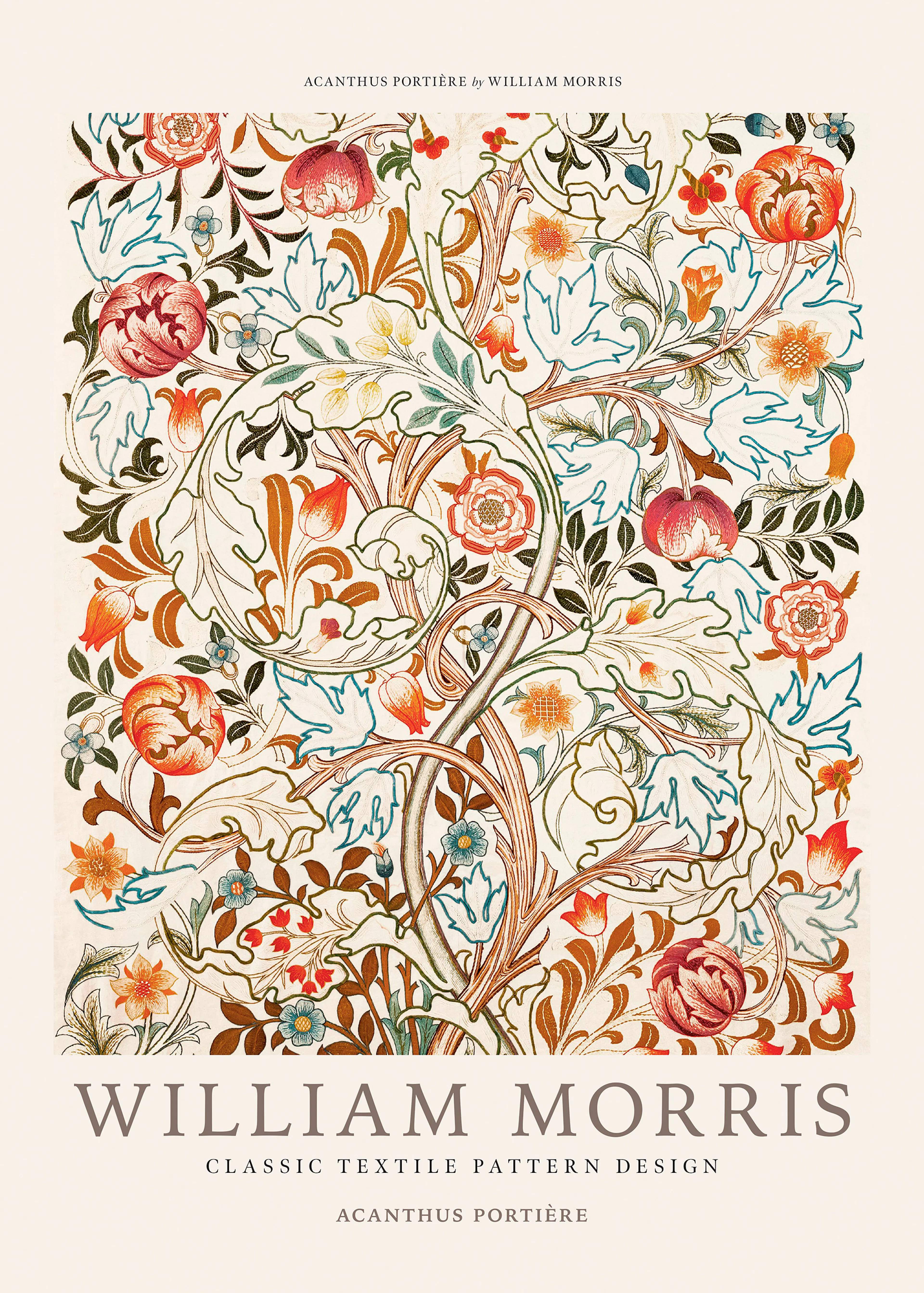 Plakát s klasickým květinovým vzorem William Morris Acanthus Portière, s listy v odstínech hnědé, zelené a modré a červenými, or