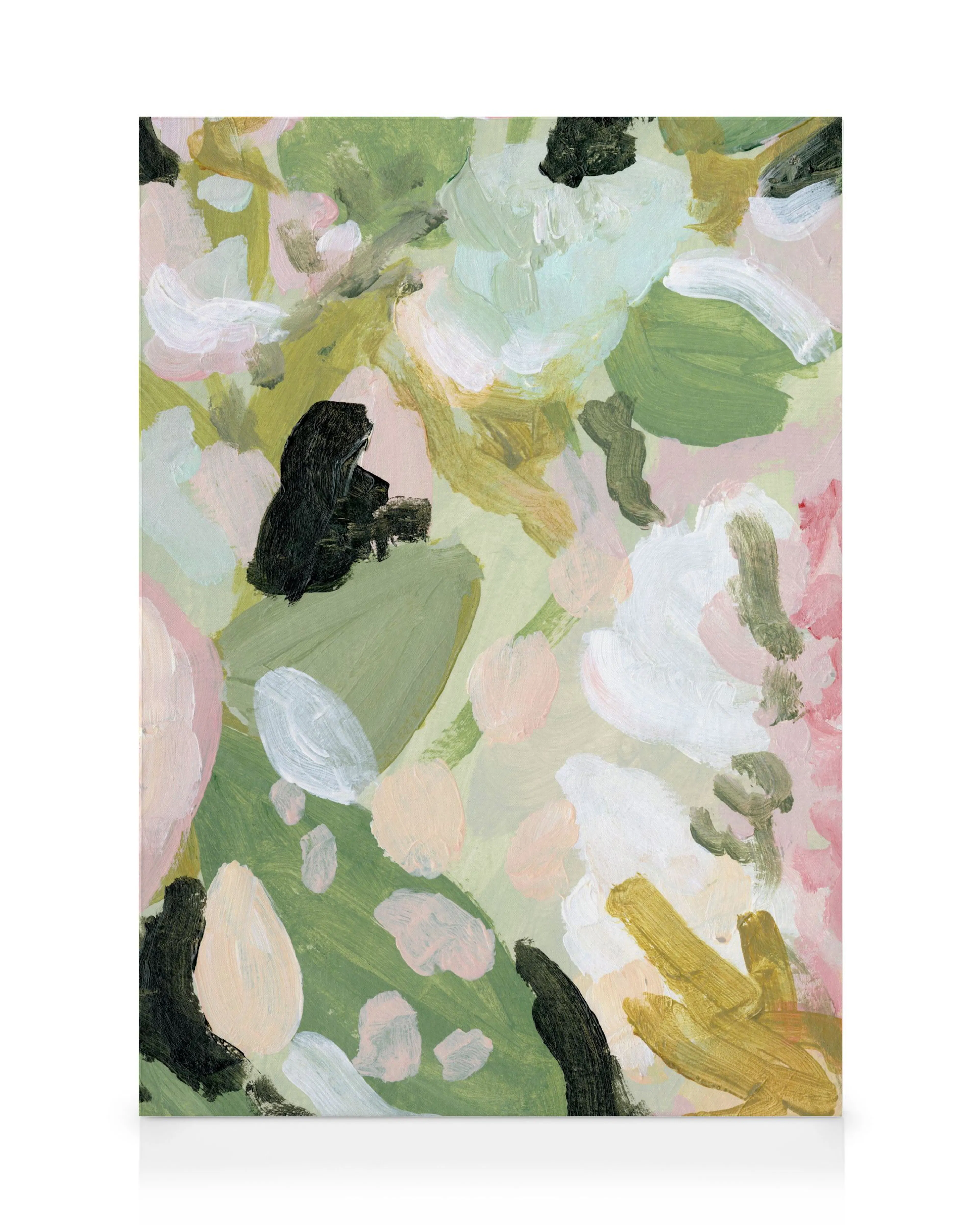 Abstraktes botanisches Leinwandbild, gemalt mit Pastellfarben, Weiß, Grün, Rosa und Schwarz, dicke Pinselstriche.