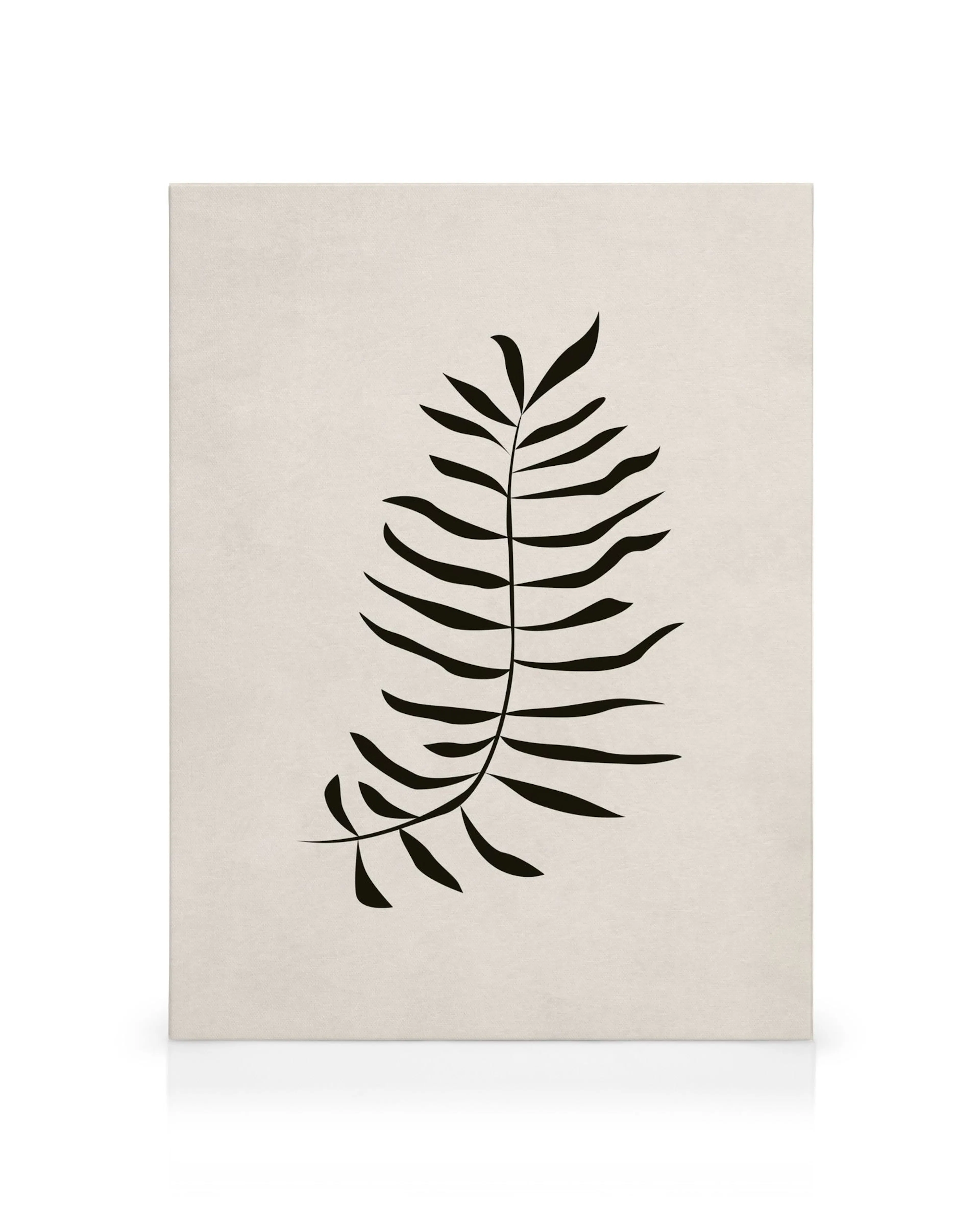 Stampa su tela minimalista con silhouette di foglia di felce nera su sfondo beige testurizzato. Arte da parete.