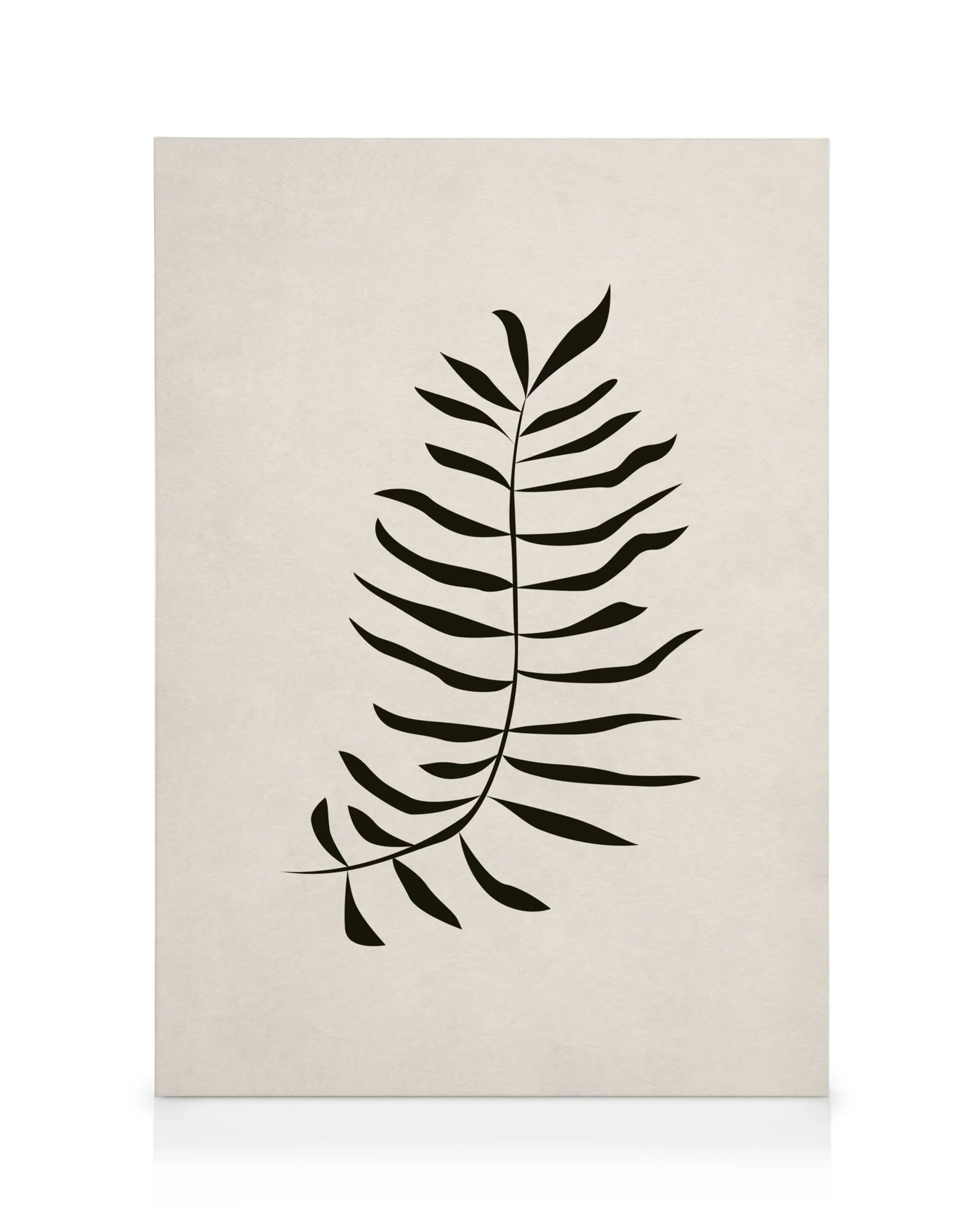 Black fern leaf silhouette canvas print, minimalist botanical art on beige background.