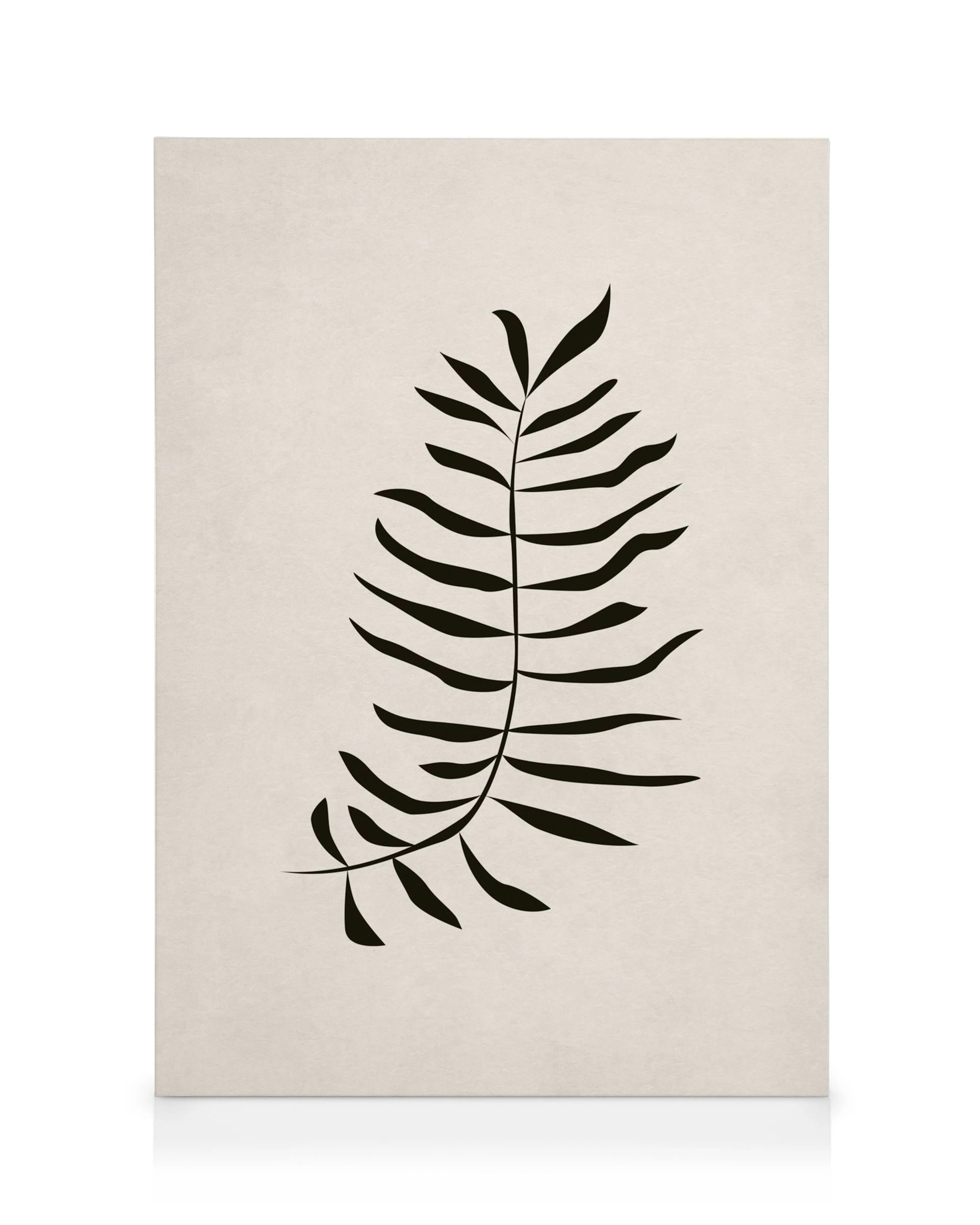Black fern leaf silhouette canvas print, minimalist botanical art on beige background.