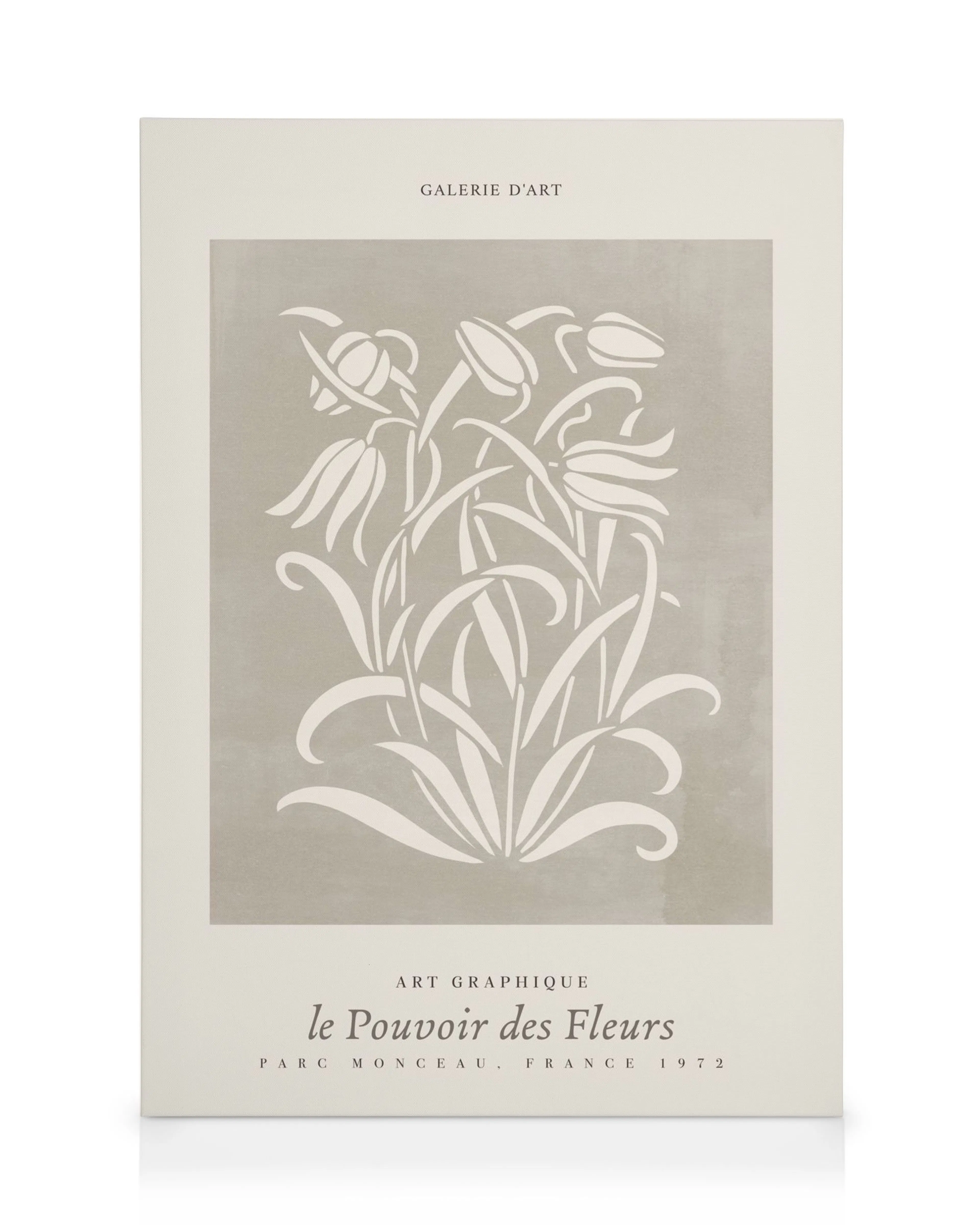 Canvastavla med vita blommor och blad på en gråbeige bakgrund, fransk text undertill. Väggkonst i botanisk stil.