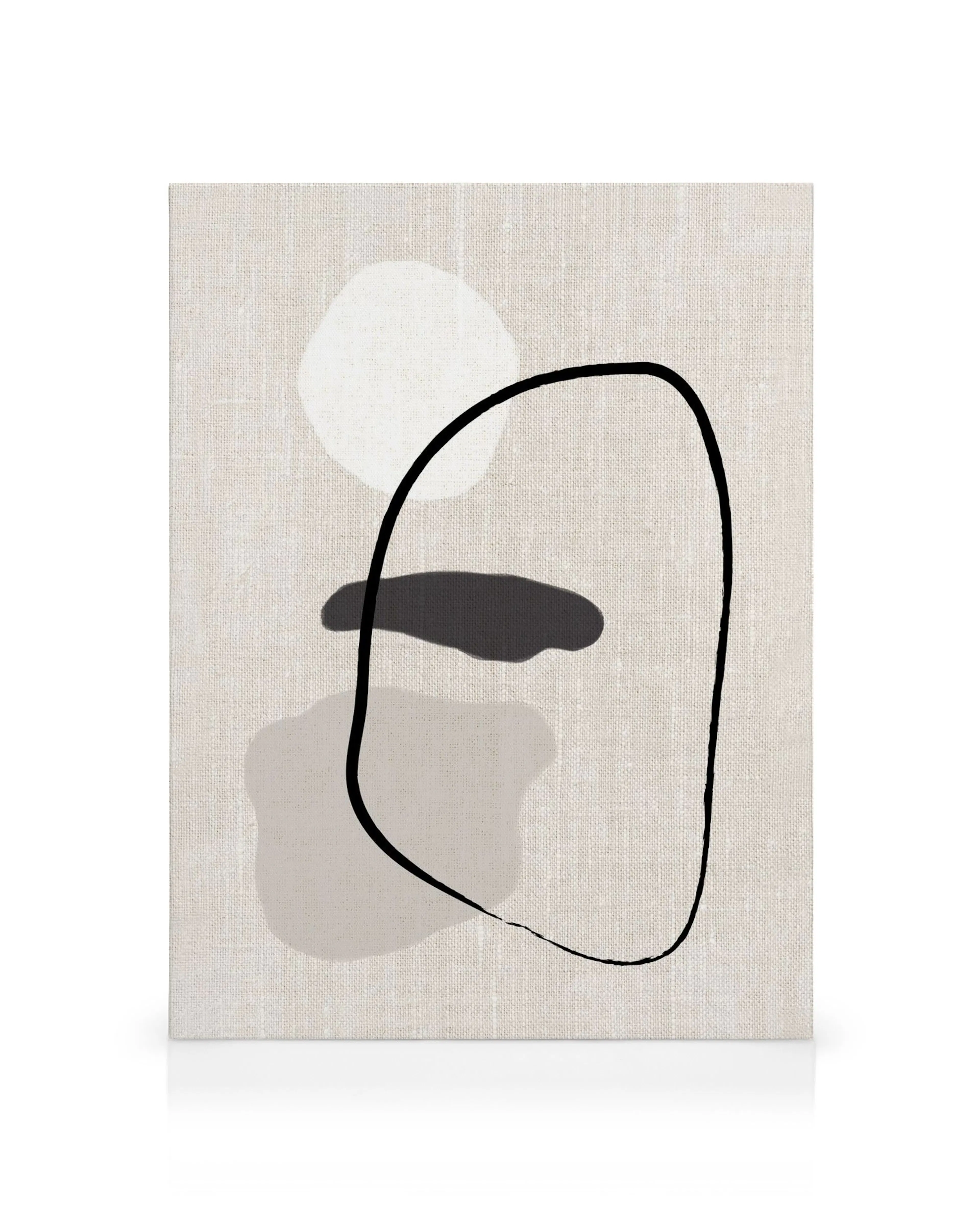 Linen Shapes No1 canvas with organic shapes in white, black, and beige, outlined by a bold black line, on a textured linen backg