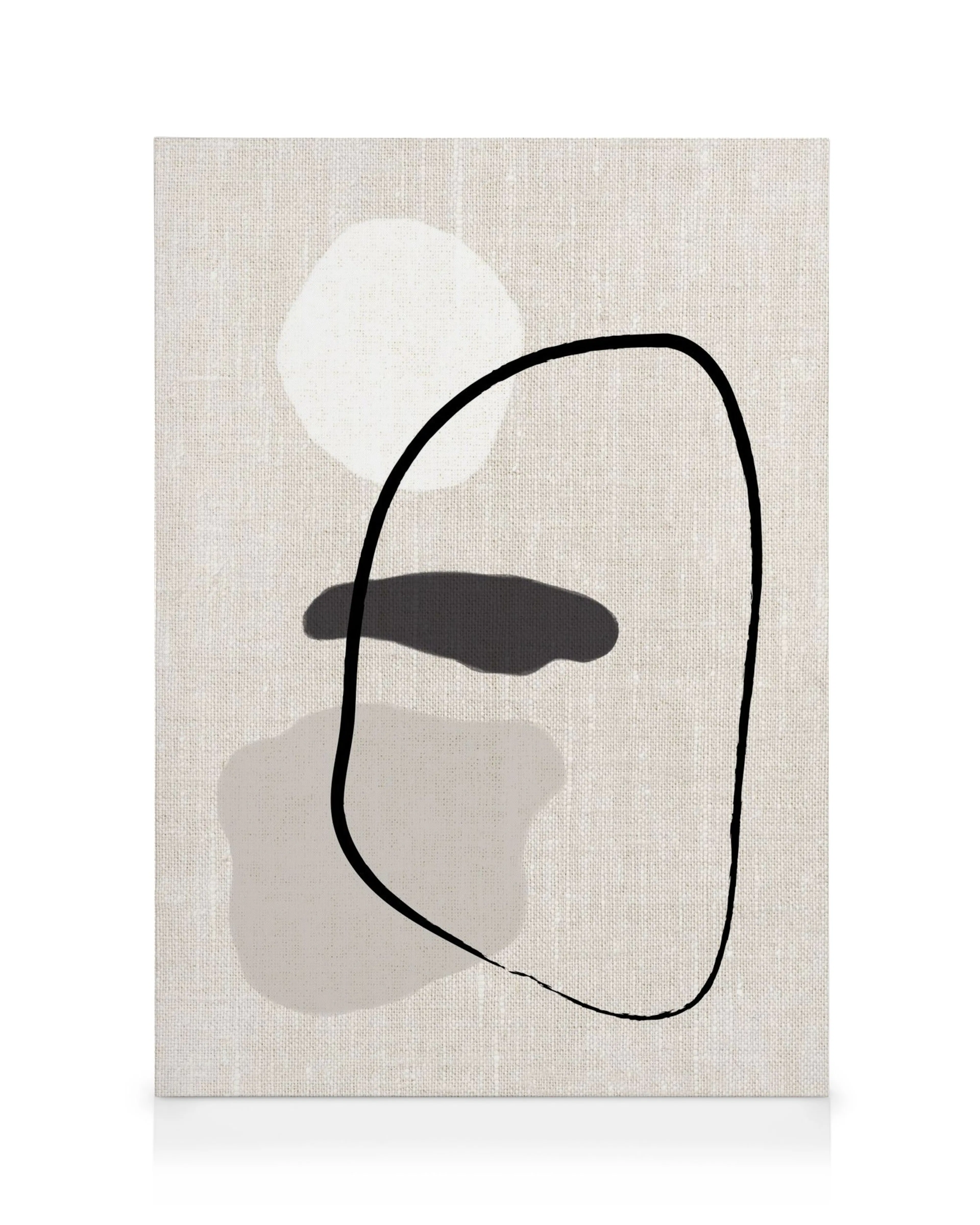 Abstract canvas print with organic shapes in white, black, and grey on a natural linen background, minimalist art.