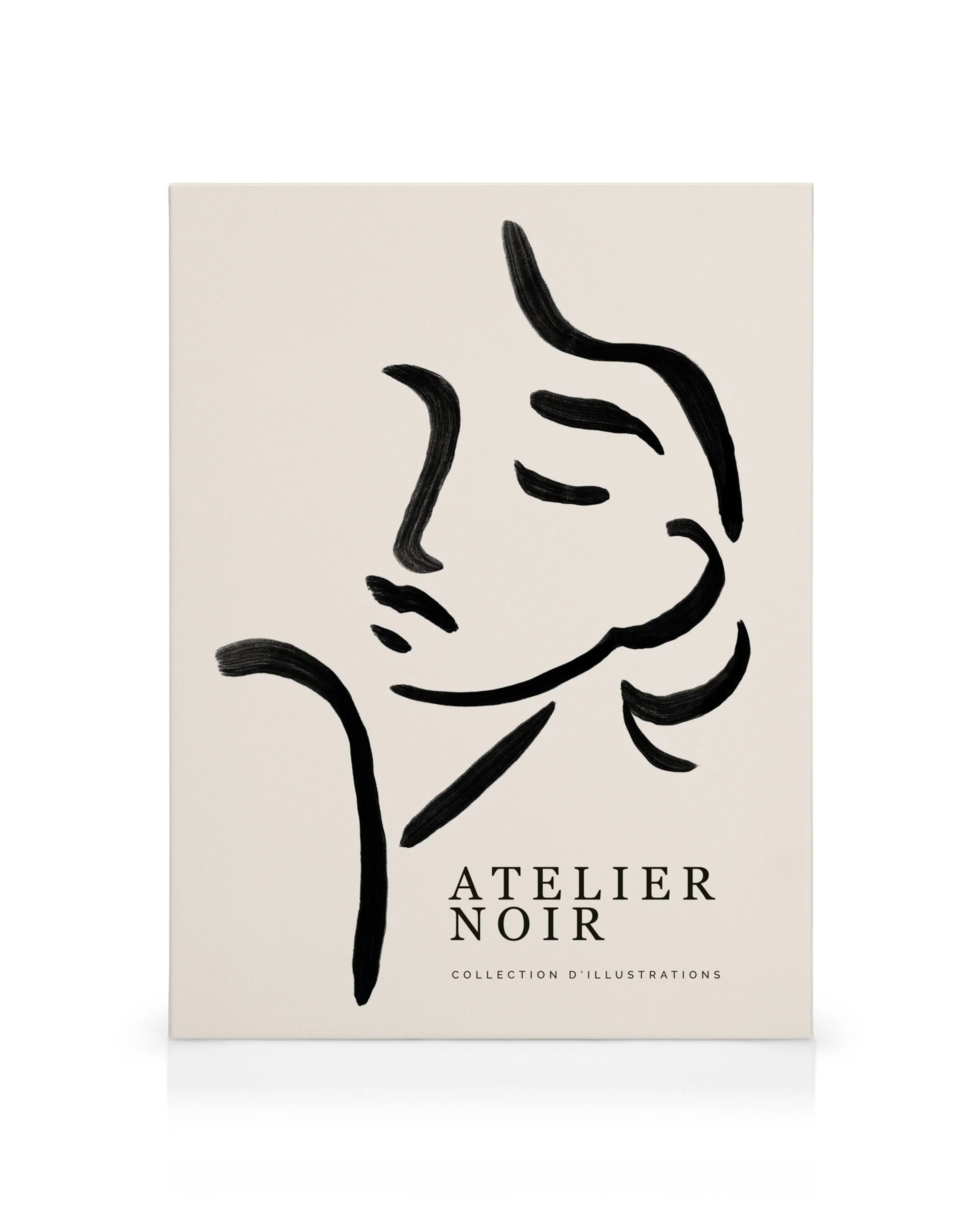 Black abstract line art drawing of a female face on a beige canvas, looking left with closed eyes