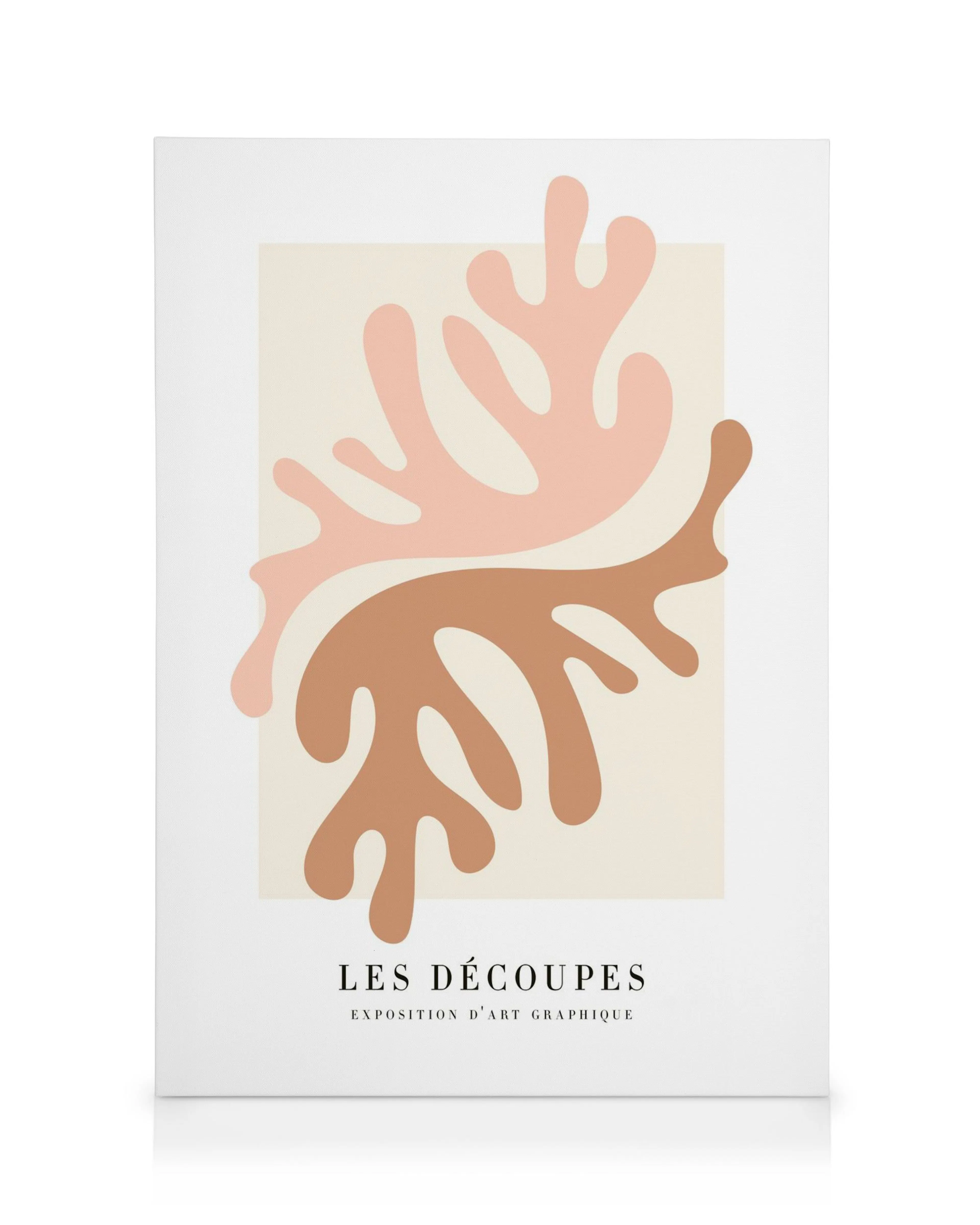 Abstract canvas met roze en bruine geometrische vormen, minimalistische tekst, in witte lijst.