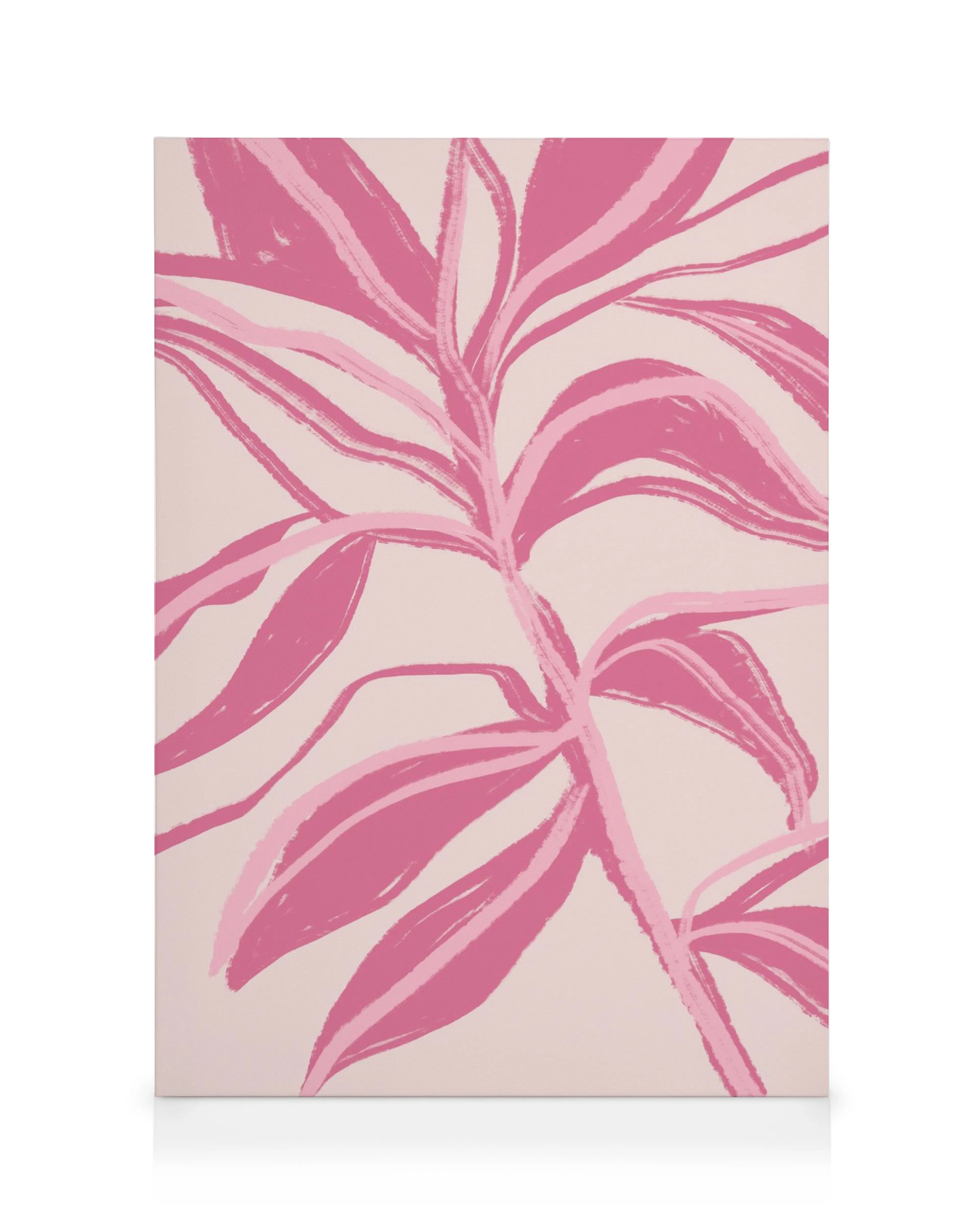 Roze bloemen illustratie canvas met botanische bladeren op een witte achtergrond, geschilderd met expressieve penseelstreken.