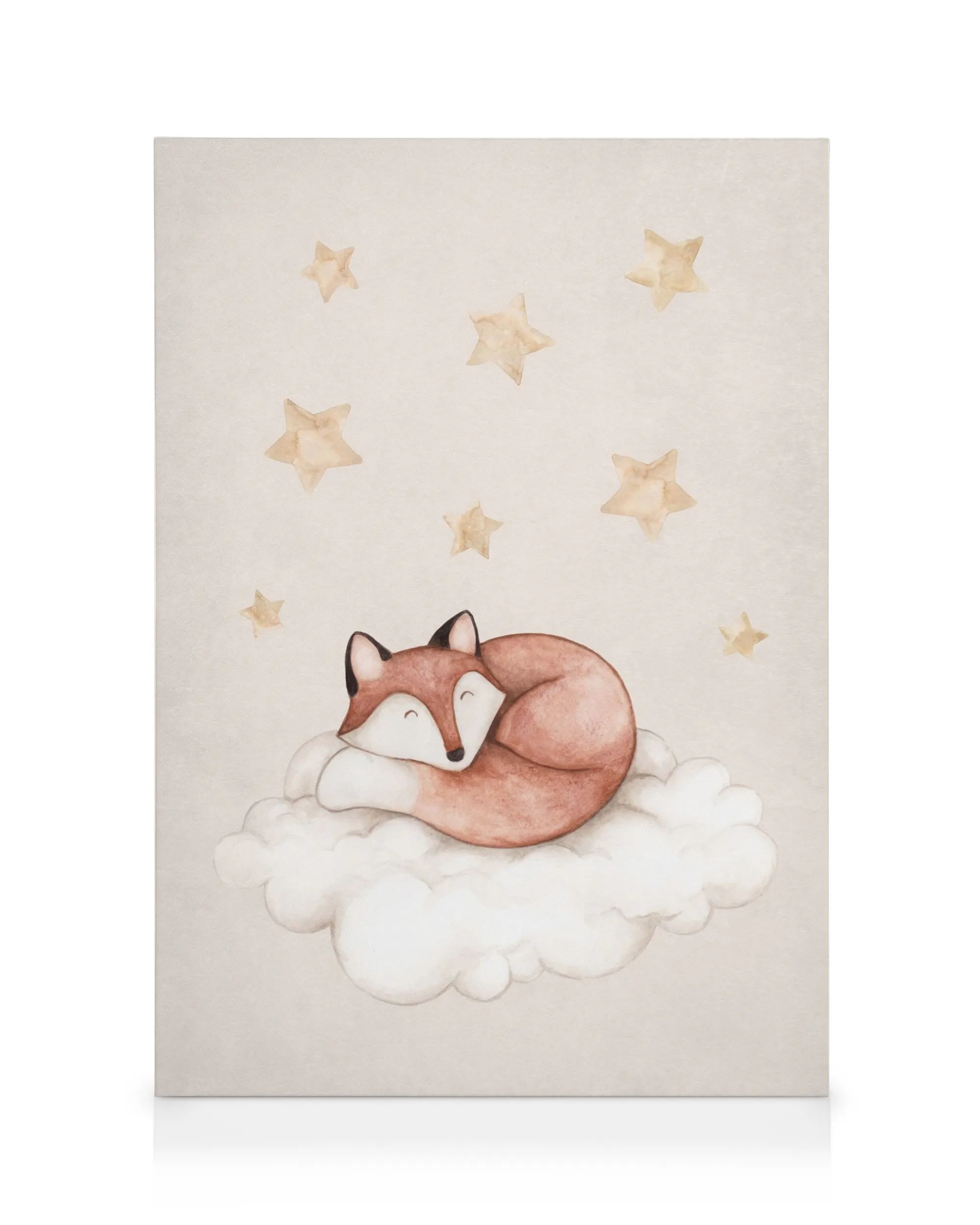 Watercolour canvas print of a sleeping fox on a cloud with stars on a beige background, perfect for a nursery.
