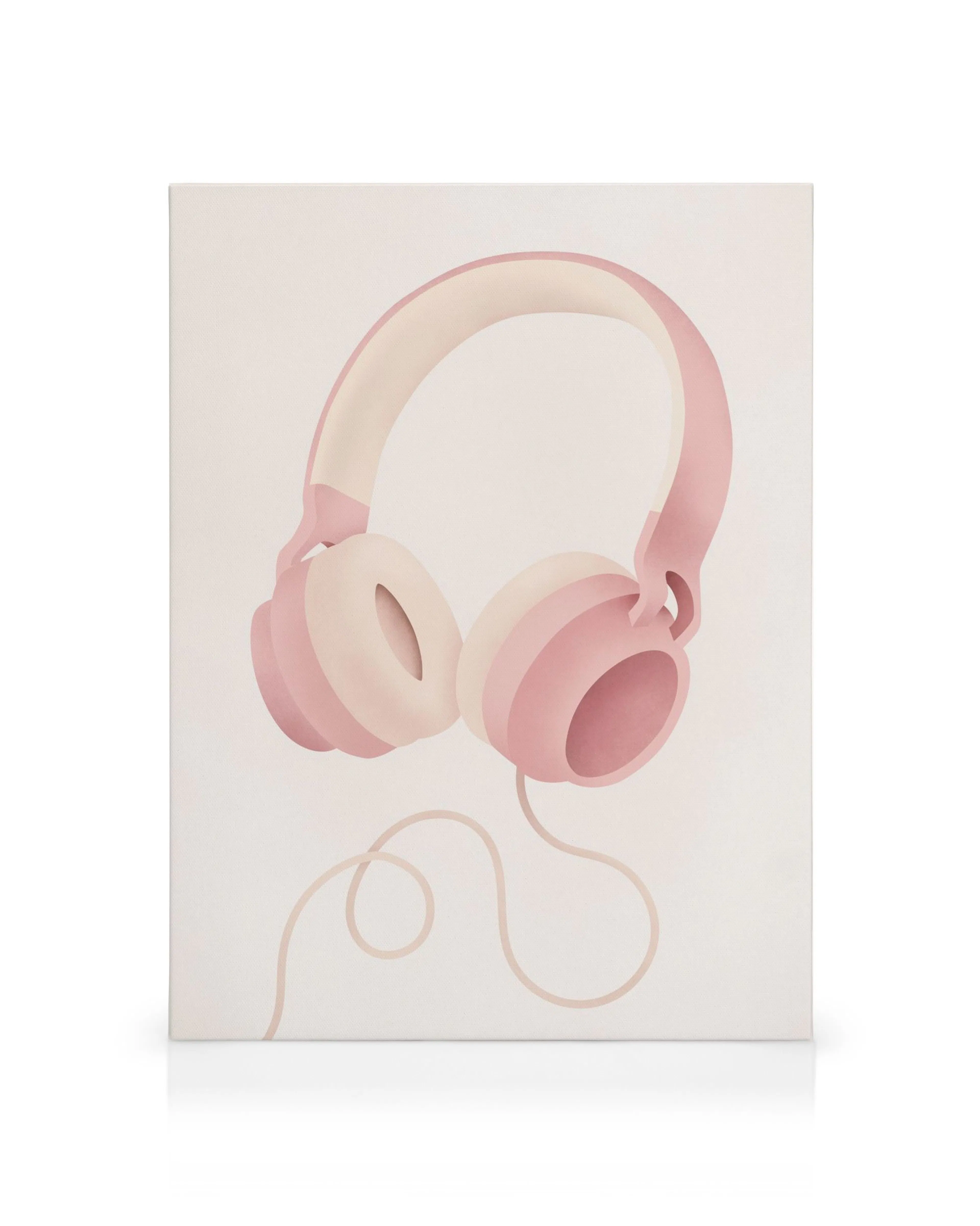 Pastellrosa hörlurar med böjd bygel och runda öronkåpor på en ljus bakgrund, minimalistisk design.