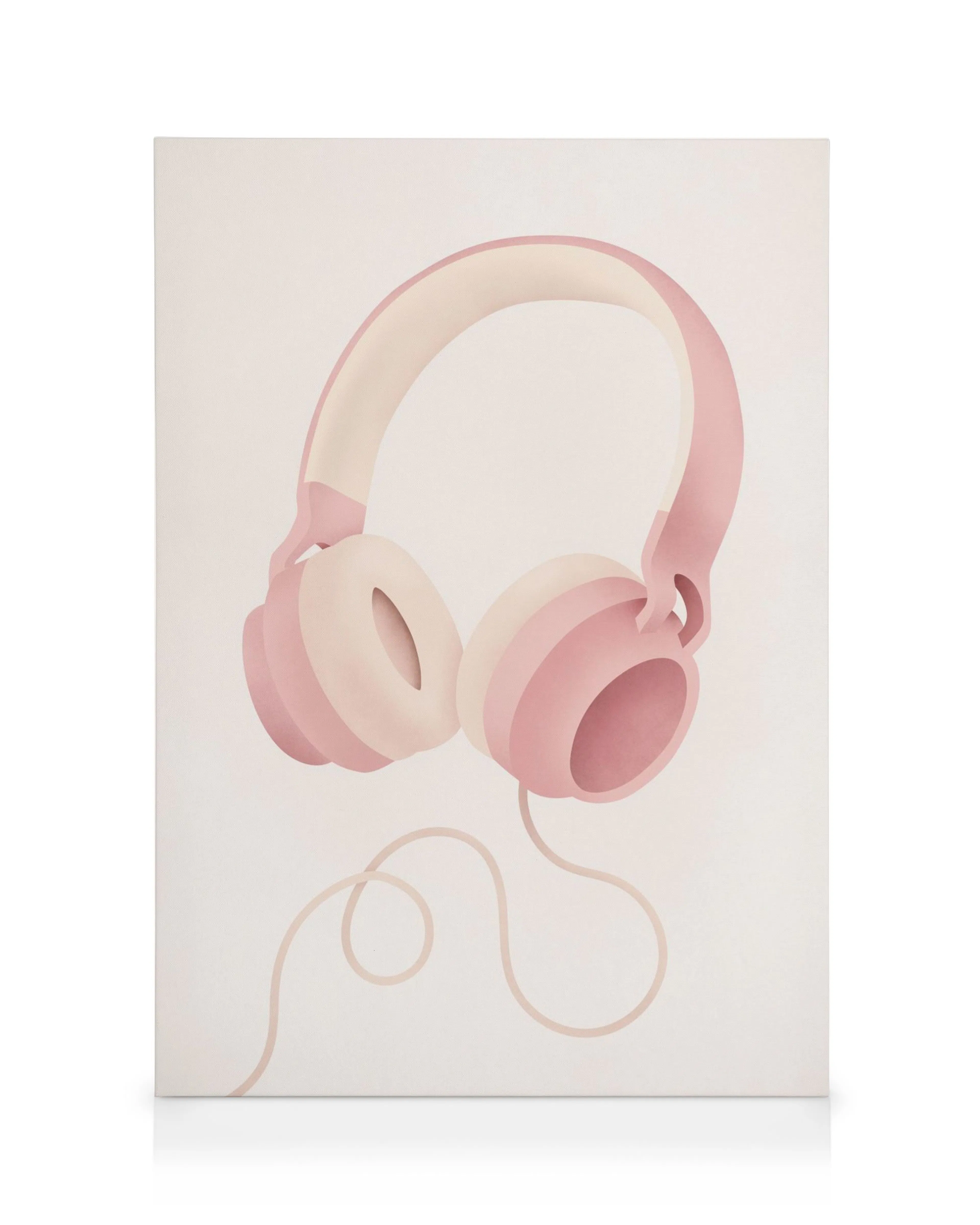 Pastel pink headphones with curved band and circular ear cups on a light beige background, minimalist canvas print.