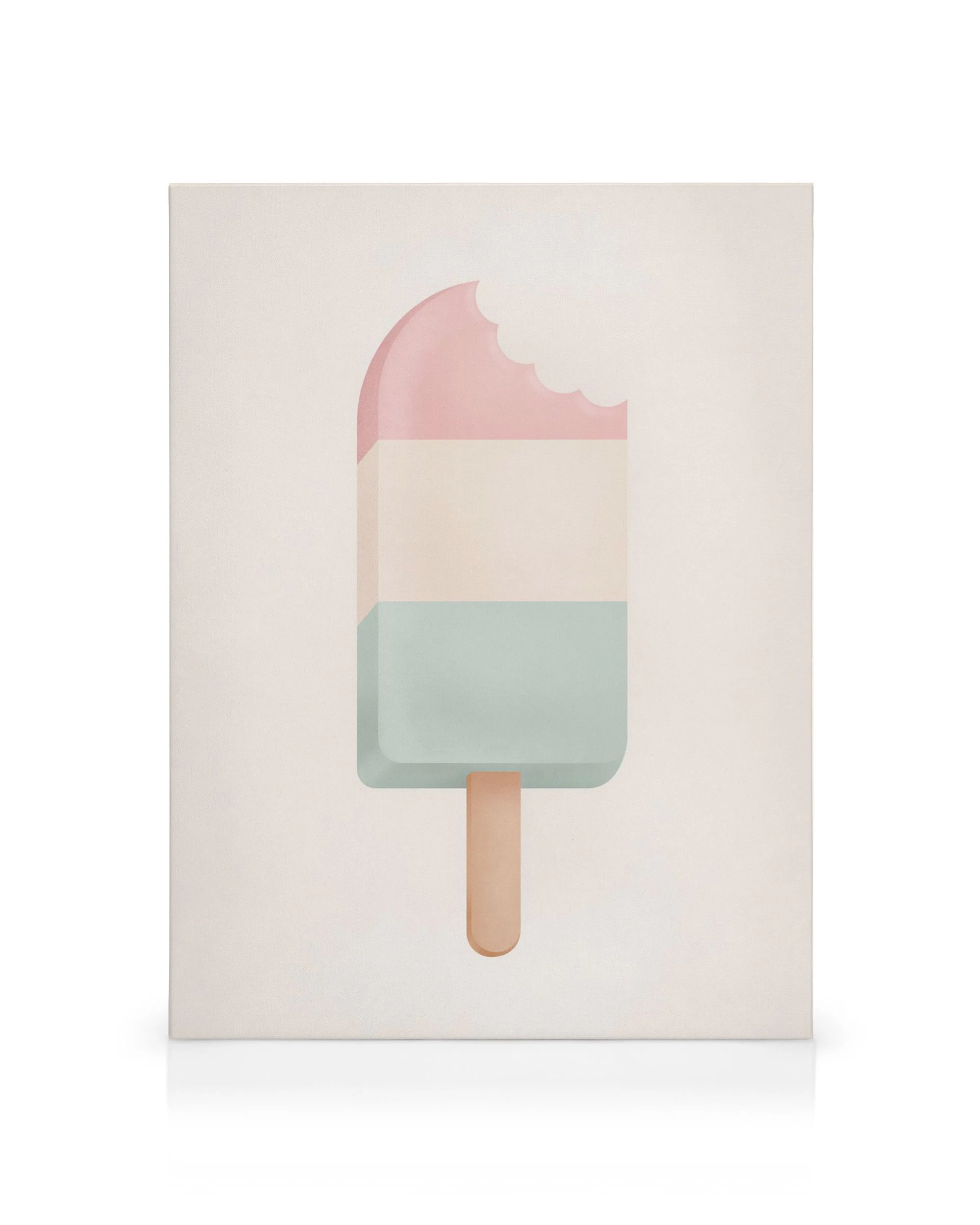 Canvas met roze, crème en mintgroene ijslolly tegen lichtbeige achtergrond, met een hap eruit.