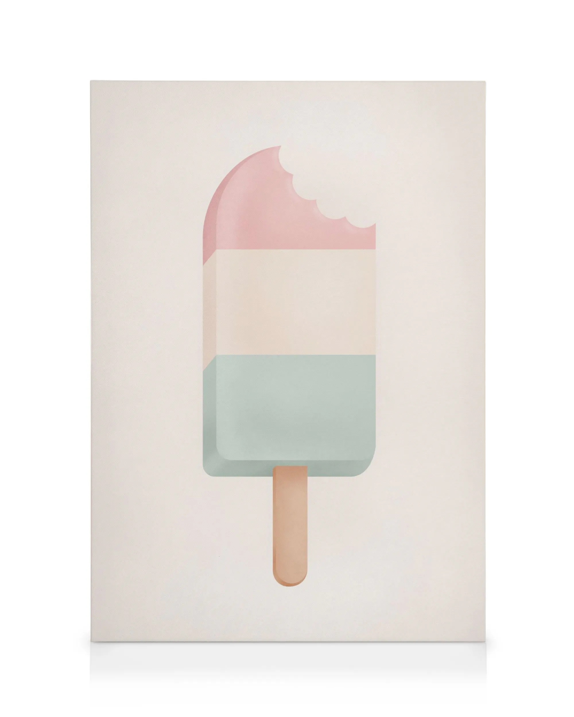 Pastel ice cream canvas print, pink, cream, and mint green layers with a bite taken out, on a light background.