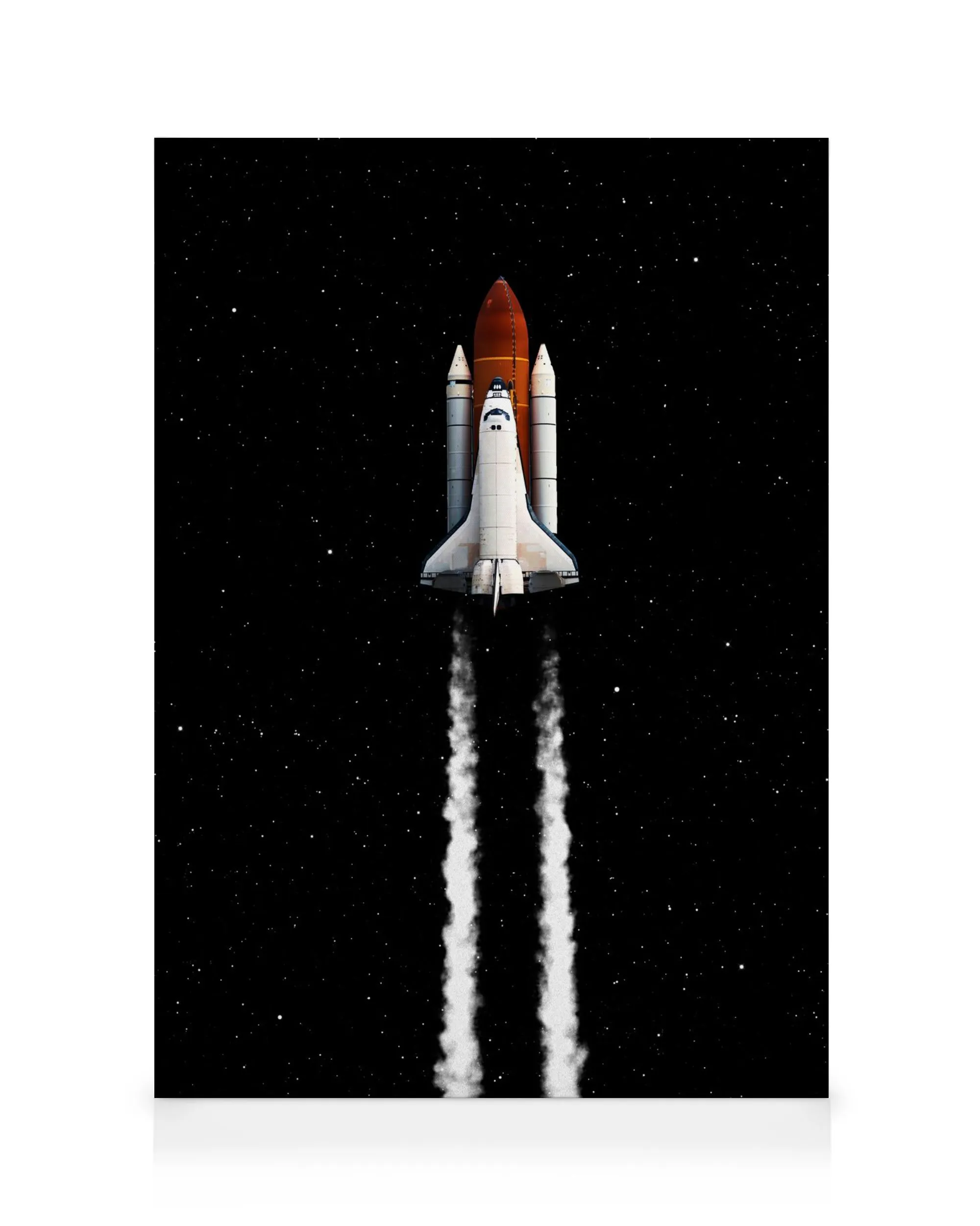 Space Shuttle launching into a starry night sky, leaving white smoke trails on a dark background.