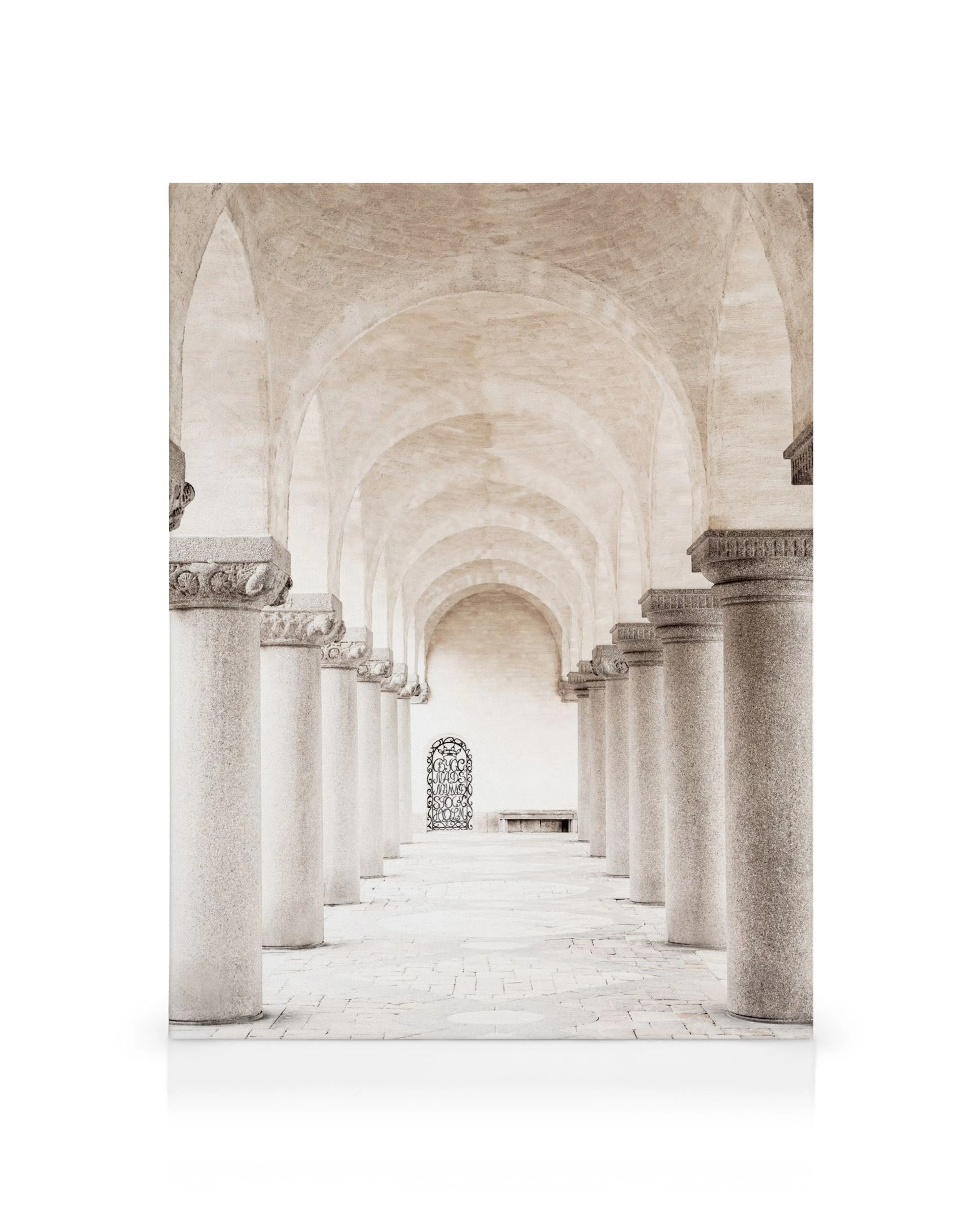 Architectural canvas print of an arched corridor with stone columns, tiled floor, and ornate door in light, neutral tones.